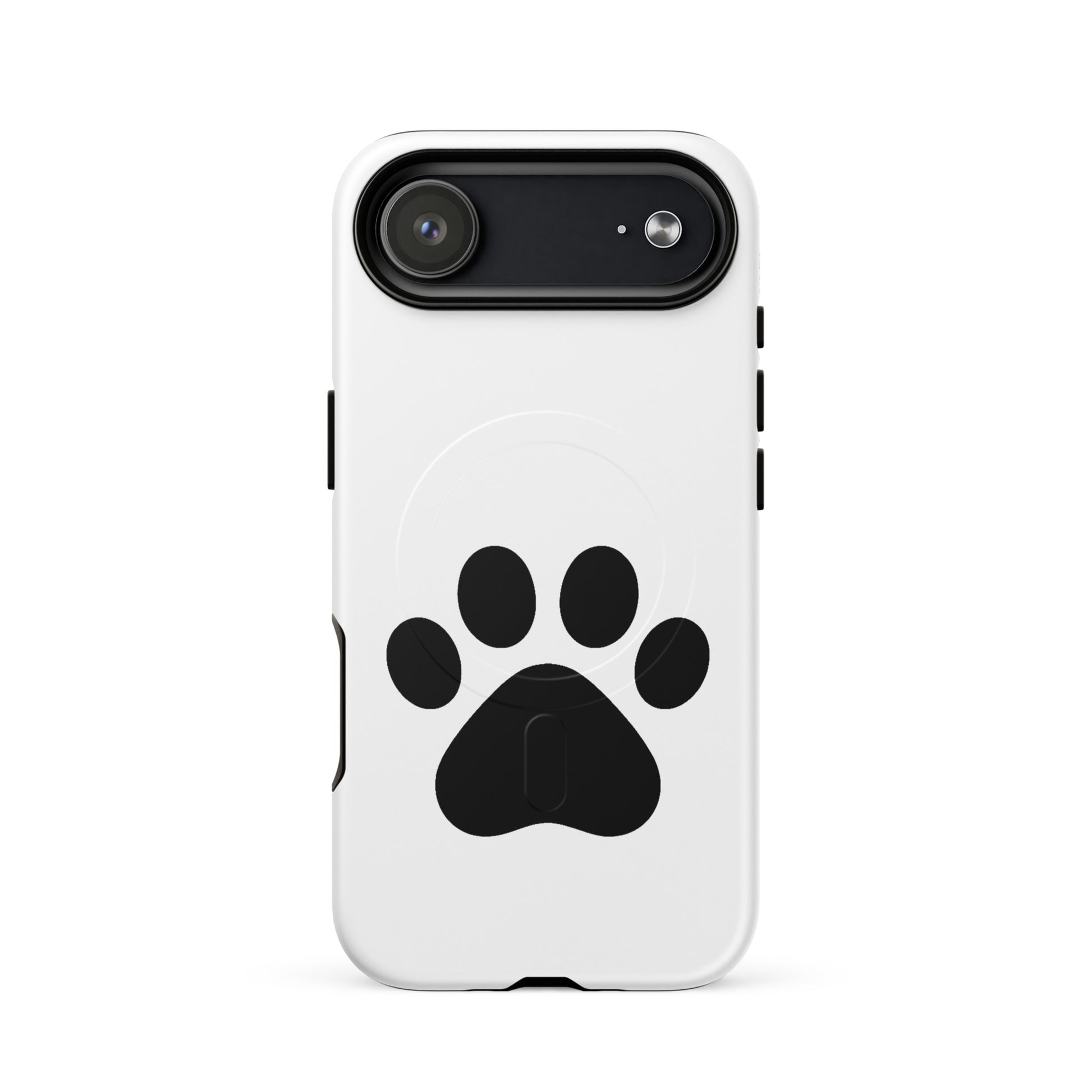 Magnetic Phone Case for iPhone featuring a minimalist black paw print design on a white background.