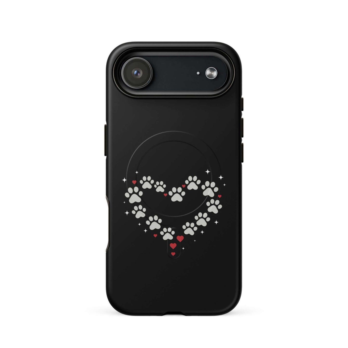 Magnetic Phone Case featuring a paw-print heart design on a black backdrop, ideal for animal lovers.