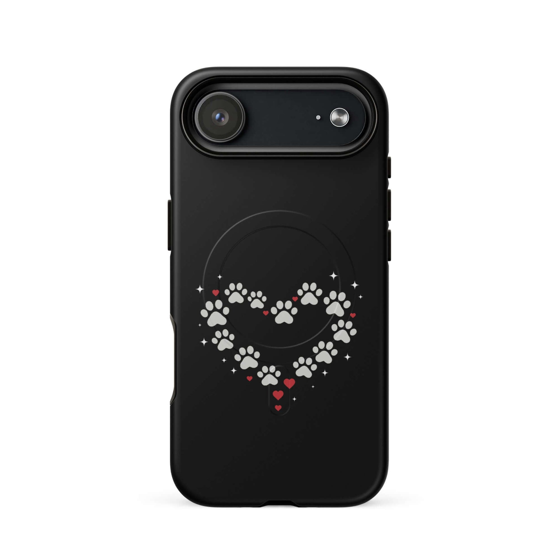 Magnetic Phone Case featuring a paw-print heart design on a black backdrop, ideal for animal lovers.