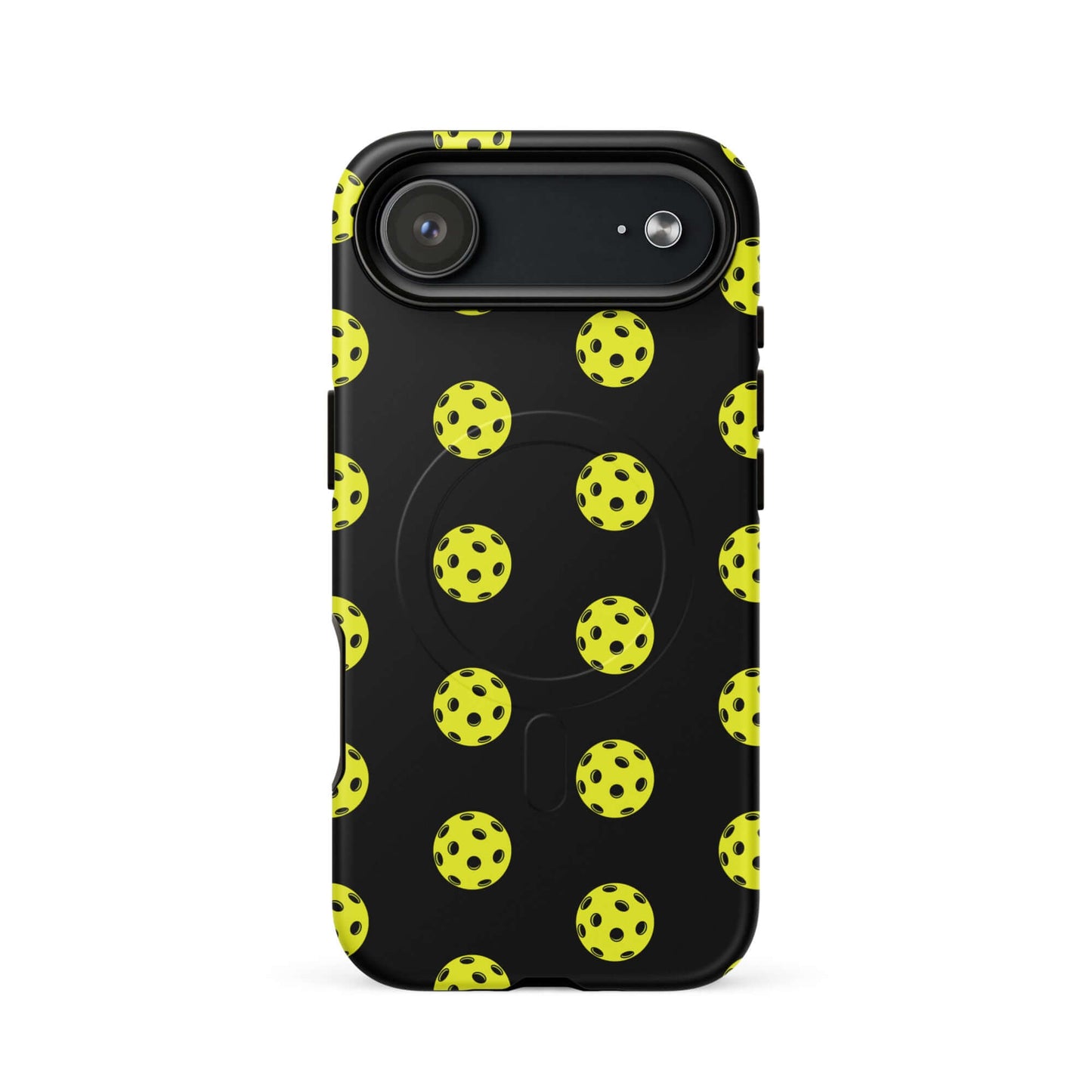 Magnetic Phone Case featuring a playful pickleball pattern on a black background, perfect for sports enthusiasts.