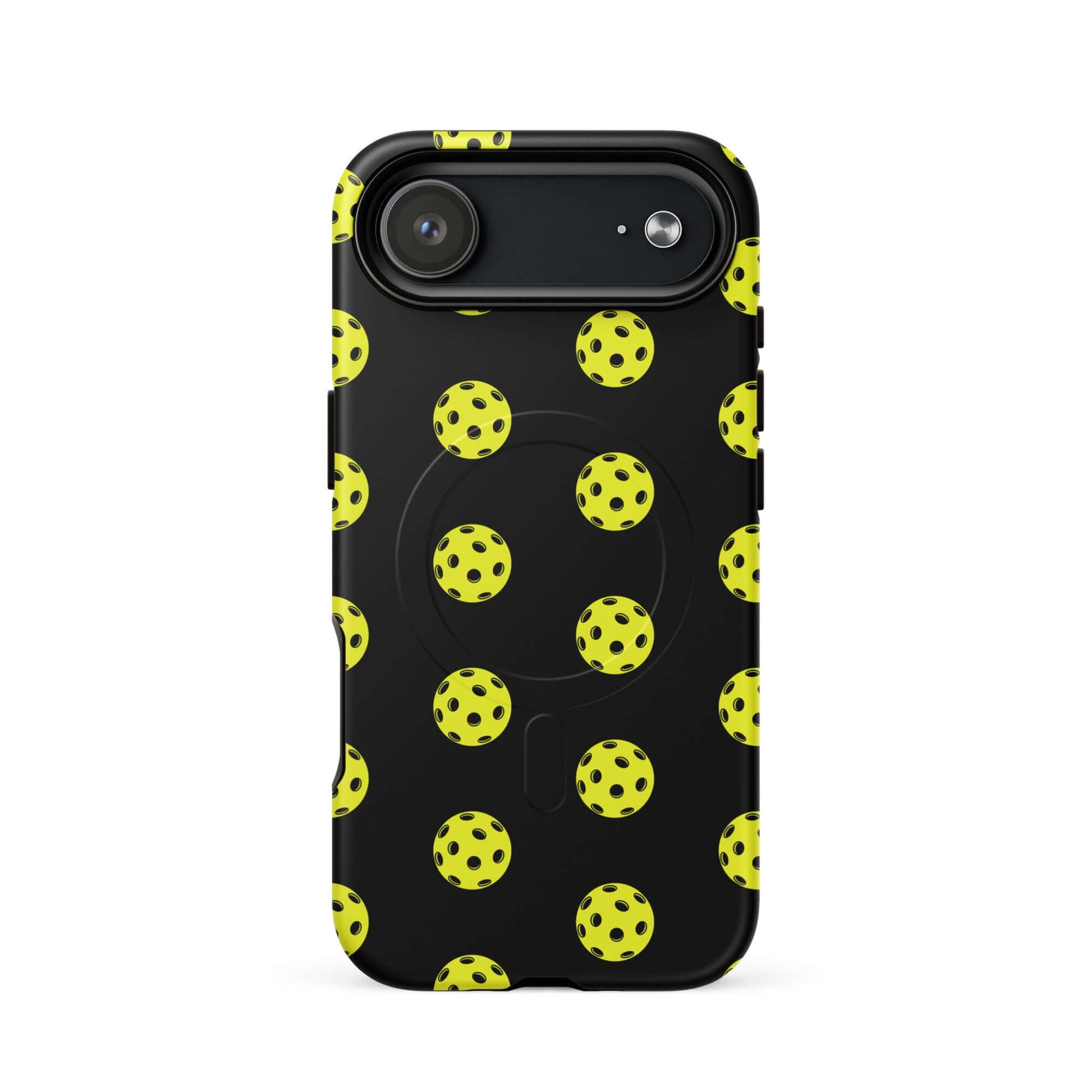 Magnetic Phone Case featuring a playful pickleball pattern on a black background, perfect for sports enthusiasts.