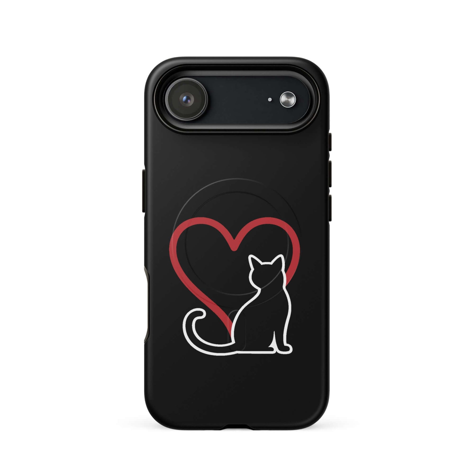 Magnetic Phone Case featuring a minimalist black cat design and red heart, elegant protection for cat lovers.