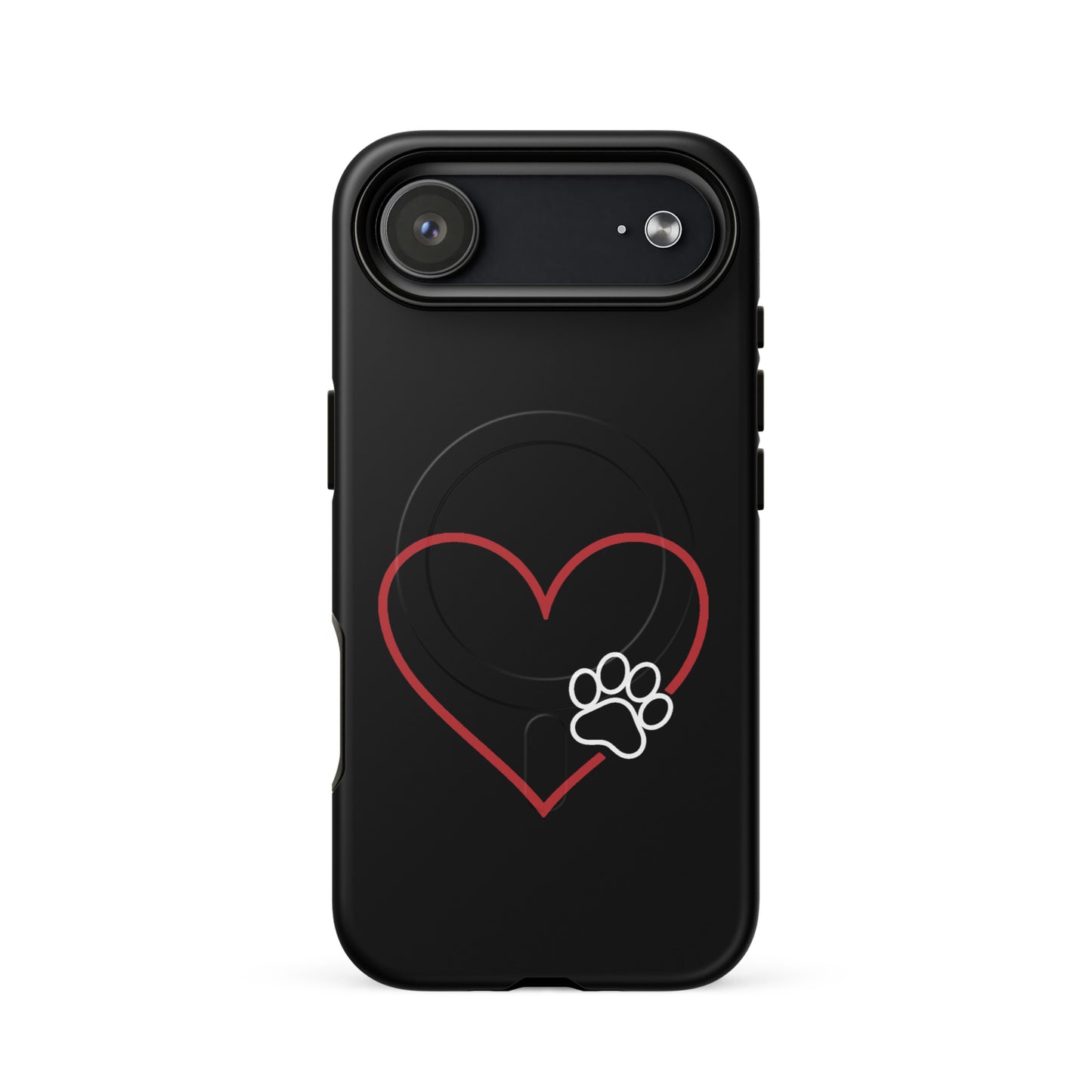 Magnetic Phone Case for iPhone featuring heart and paw print design, black background, symbolizing love for pets and tech.