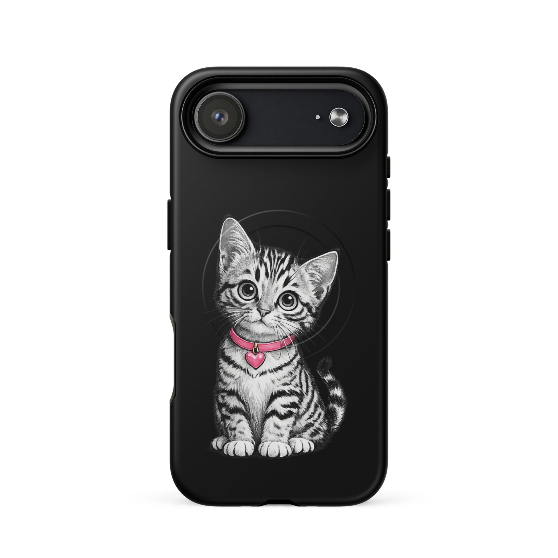 Magnetic Phone Case for iPhone with sketch kitten design, pink collar, and heart charm for stylish protection.