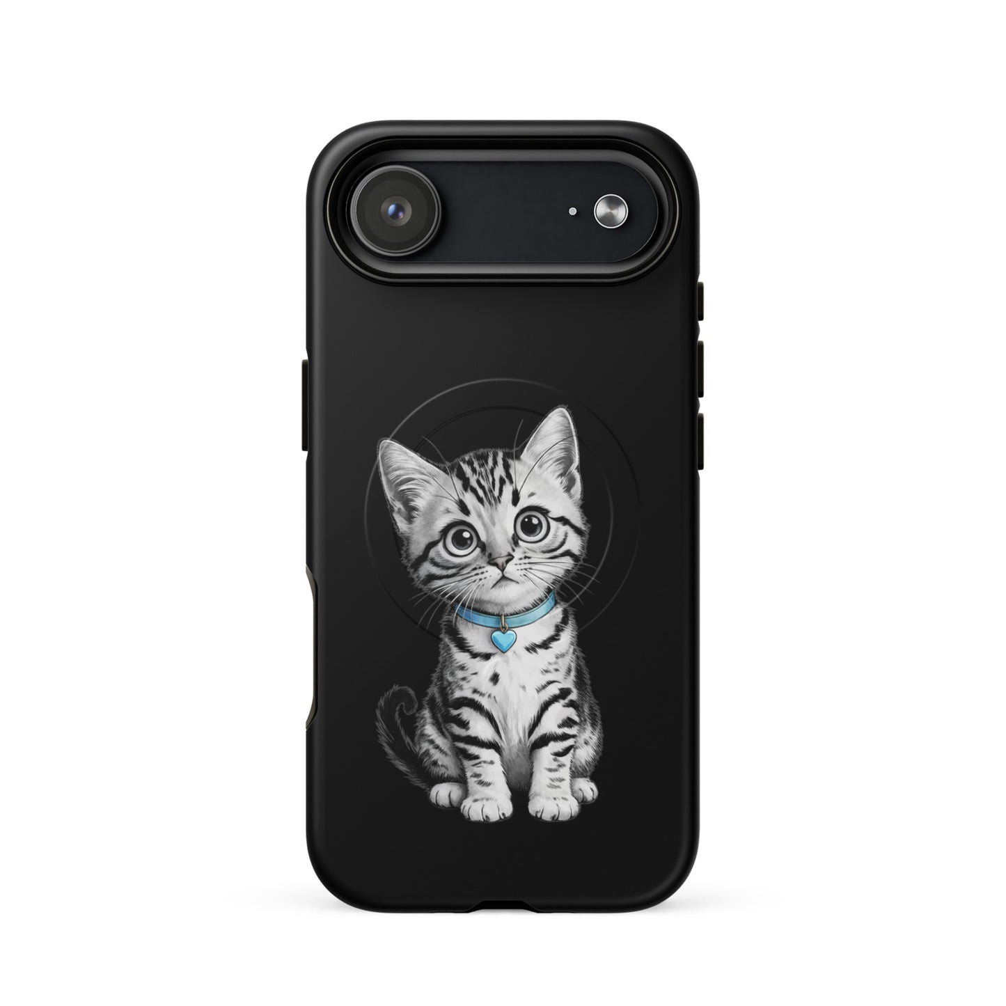 Magnetic Phone Case with kitten design, blue collar and heart charm for stylish iPhone protection.