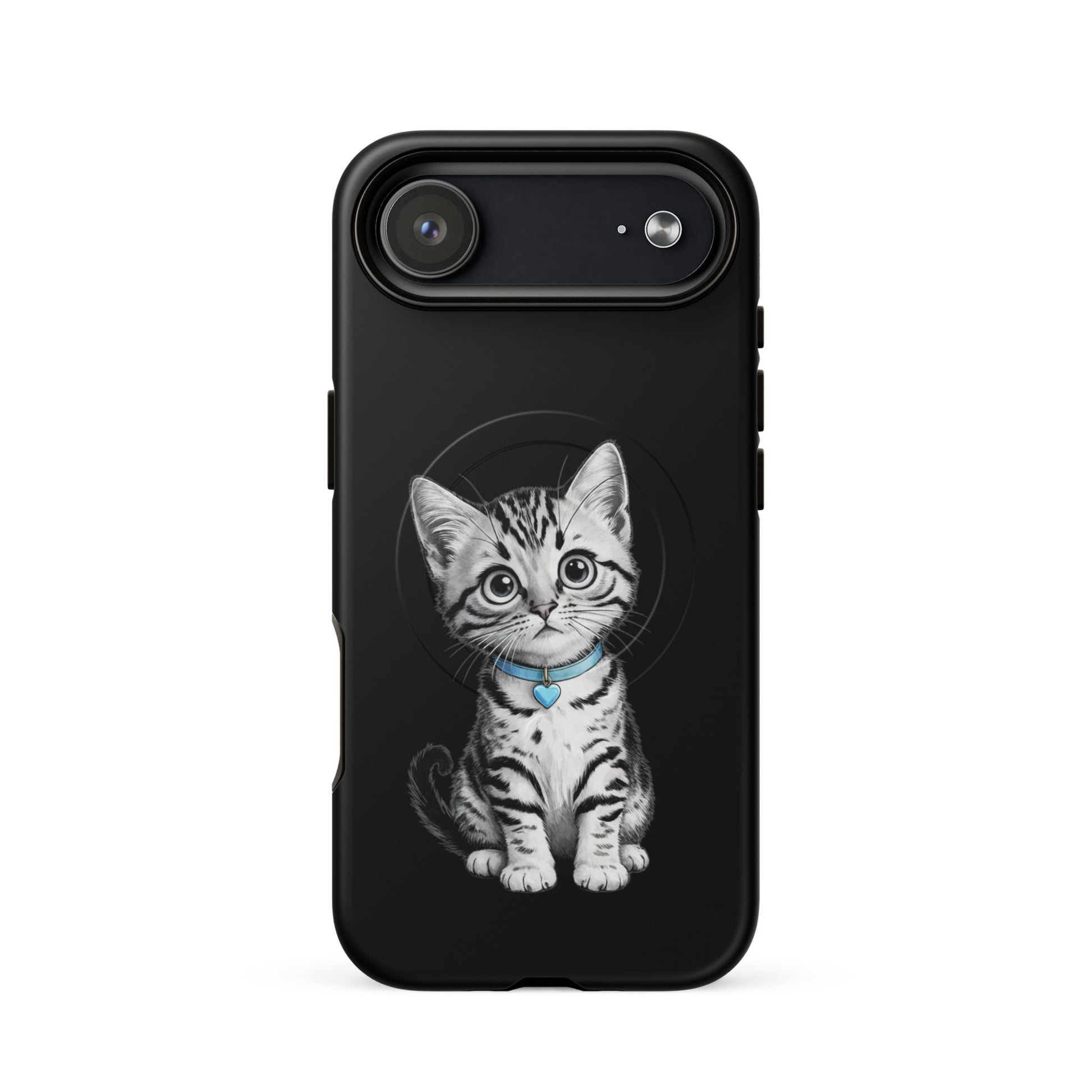 Magnetic Phone Case with kitten design, blue collar and heart charm for stylish iPhone protection.