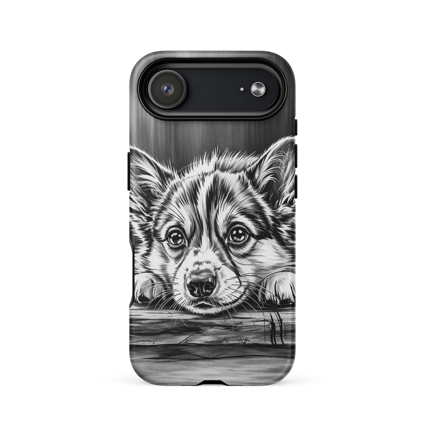 Magnetic Phone Case featuring black-and-white puppy illustration on aged wood background, providing stylish elegance and protection for iPhones.