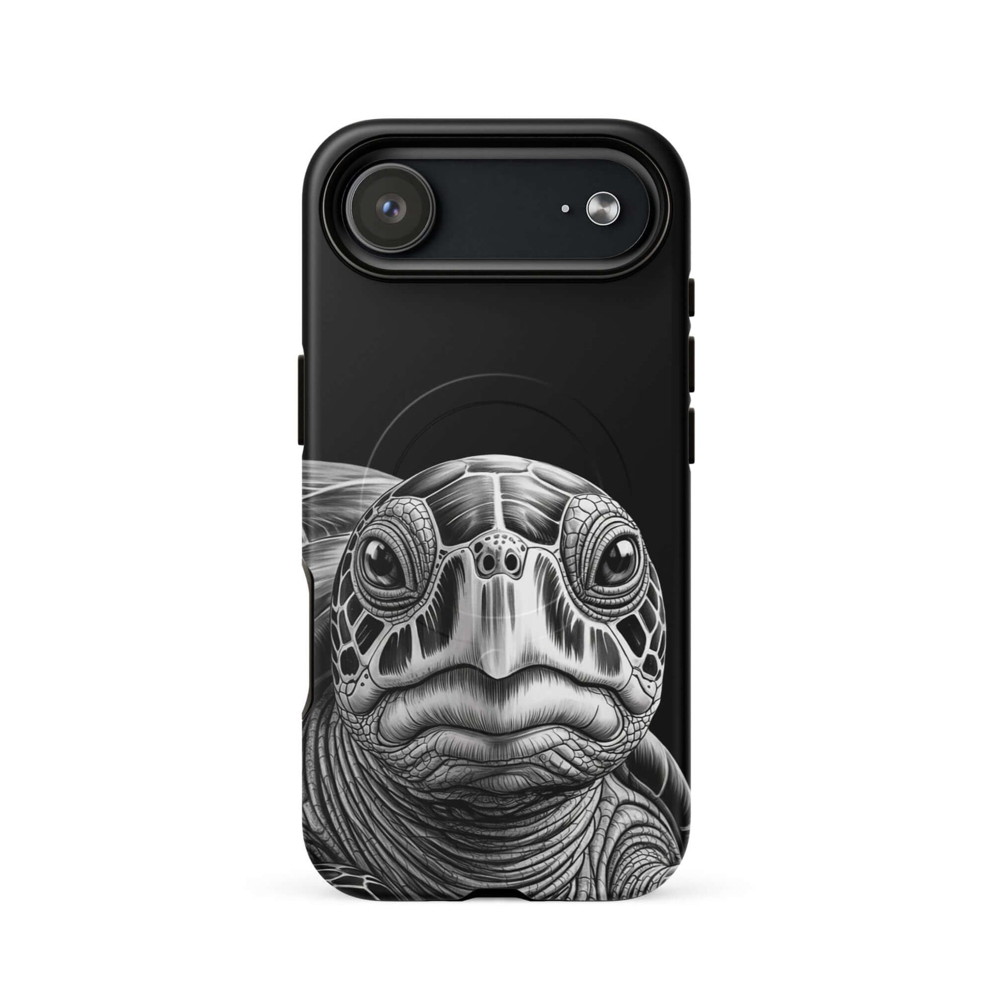 Magnetic Phone Case with ancient sea turtle art for iPhone protection, featuring detailed black-and-white pencil sketch.
