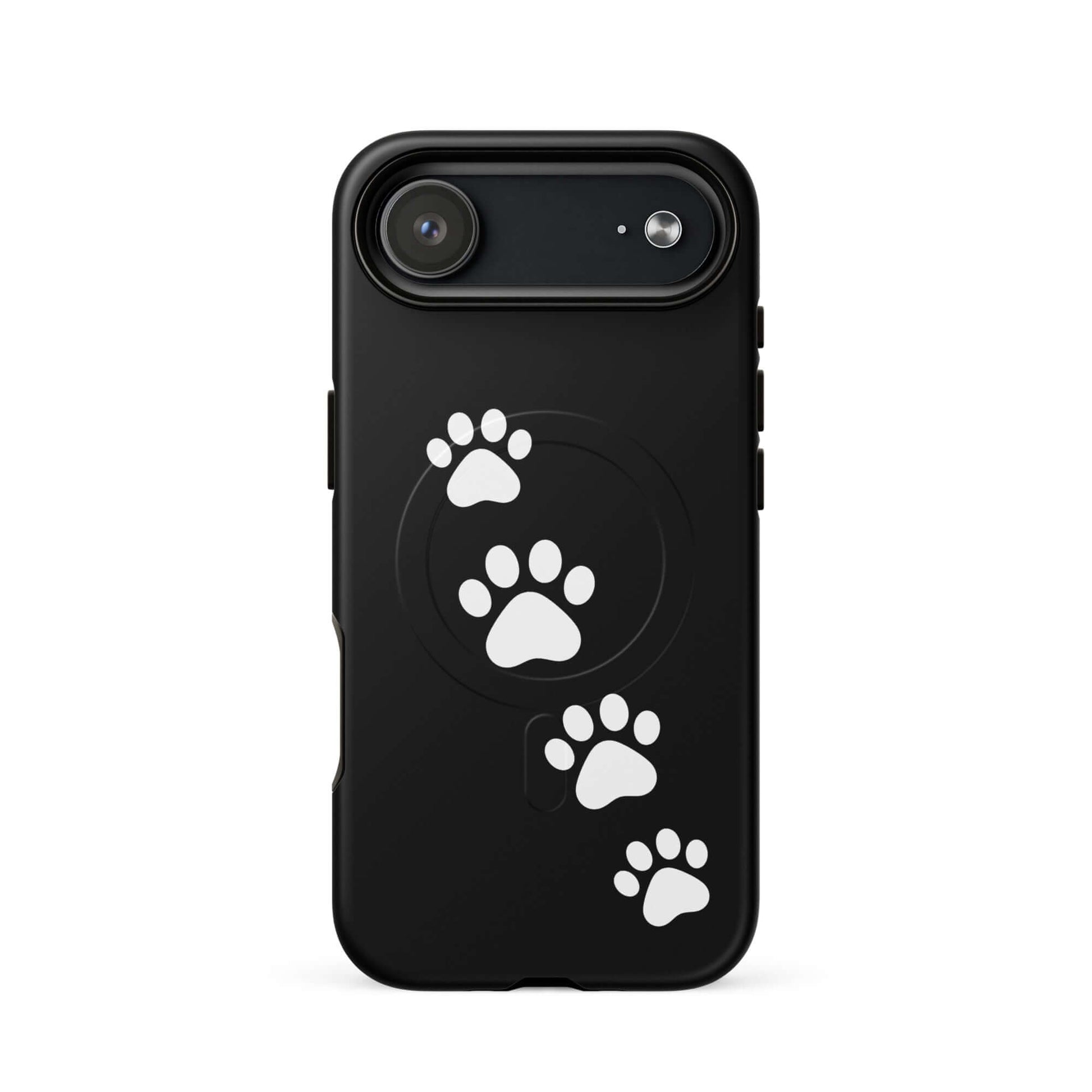 Magnetic Phone Case with white paw-print design on sleek black background for pet lovers.