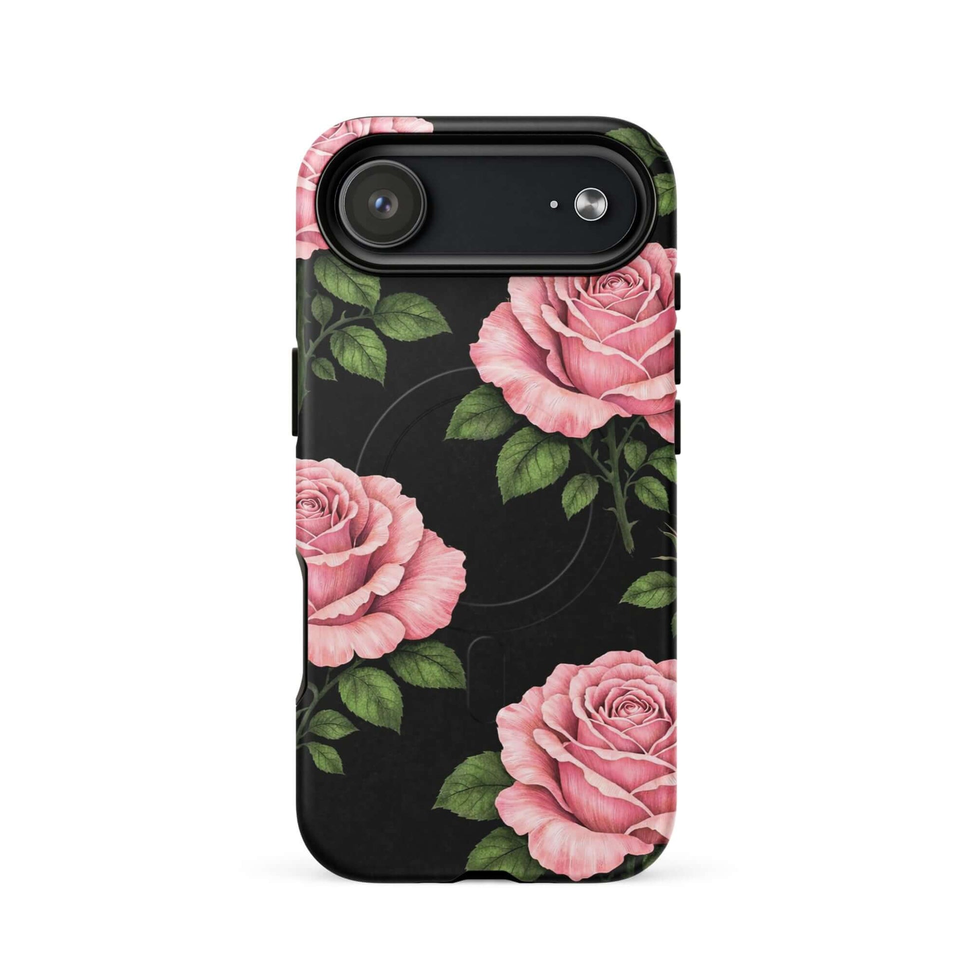 Magnetic Phone Case for iPhone with pink rose garden pattern on black background.