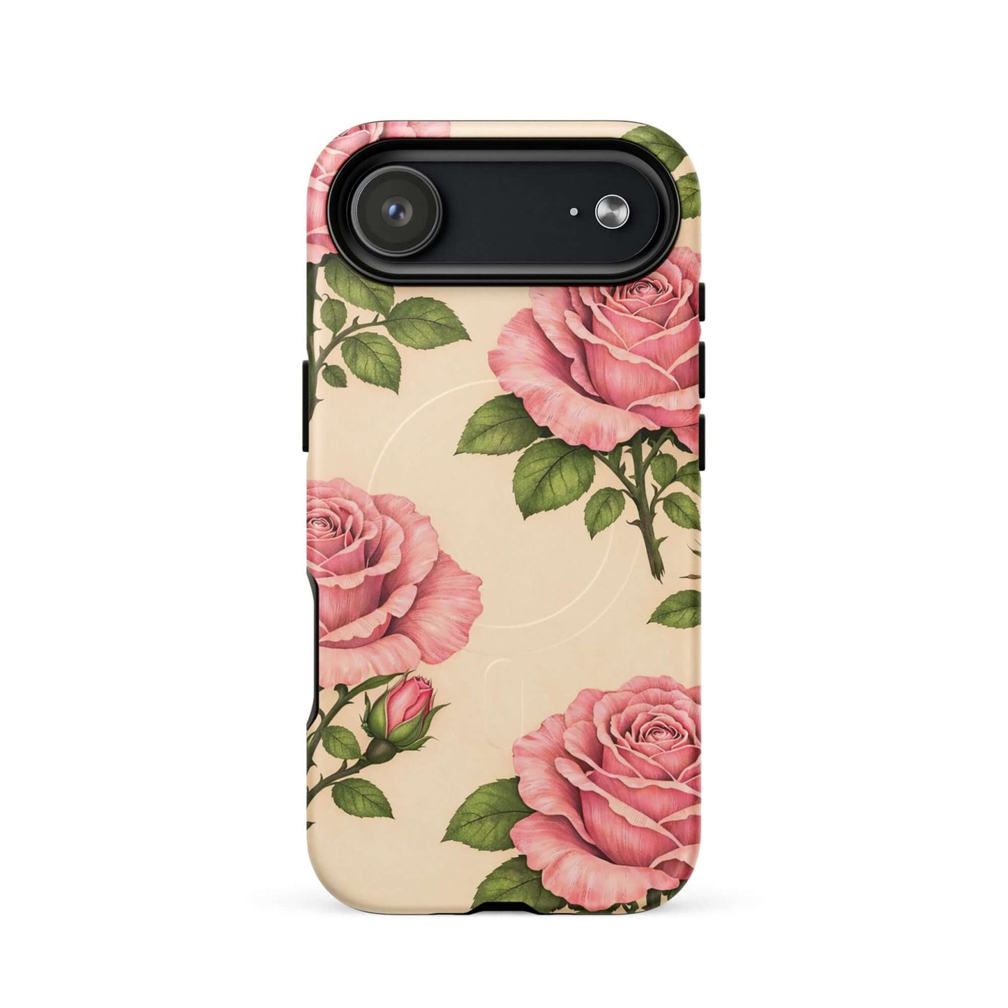 Magnetic Phone Case with pink rose design on cream background, featuring floral elegance and everyday protection for iPhone.
