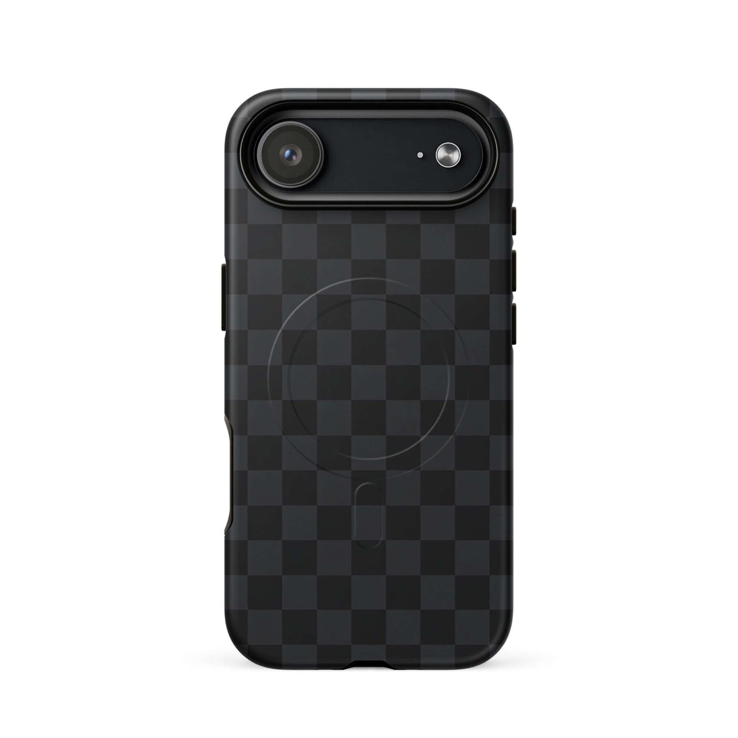 Magnetic Phone Case for iPhone in black and charcoal checkered design, providing sophistication and protection.