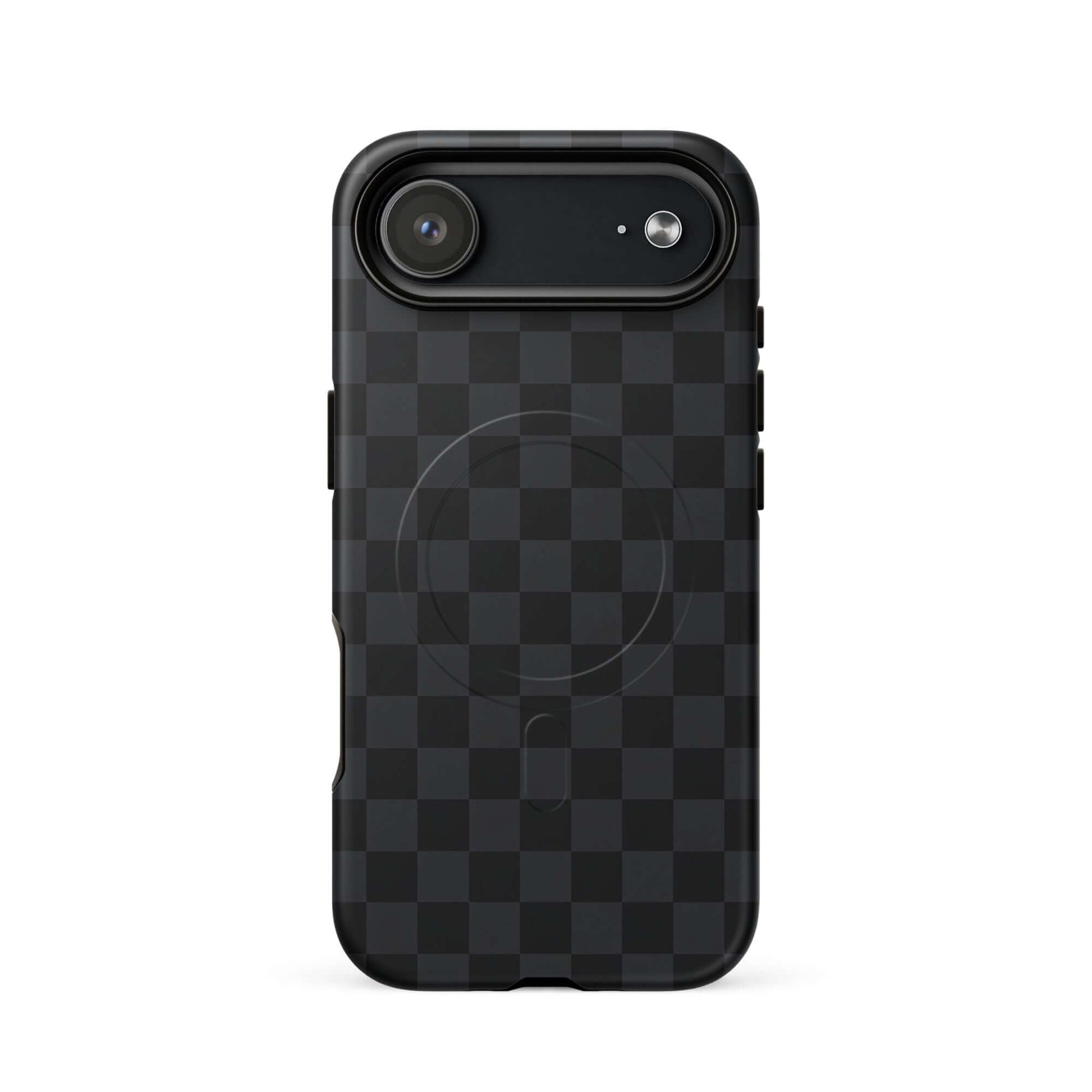 Magnetic Phone Case for iPhone in black and charcoal checkered design, providing sophistication and protection.