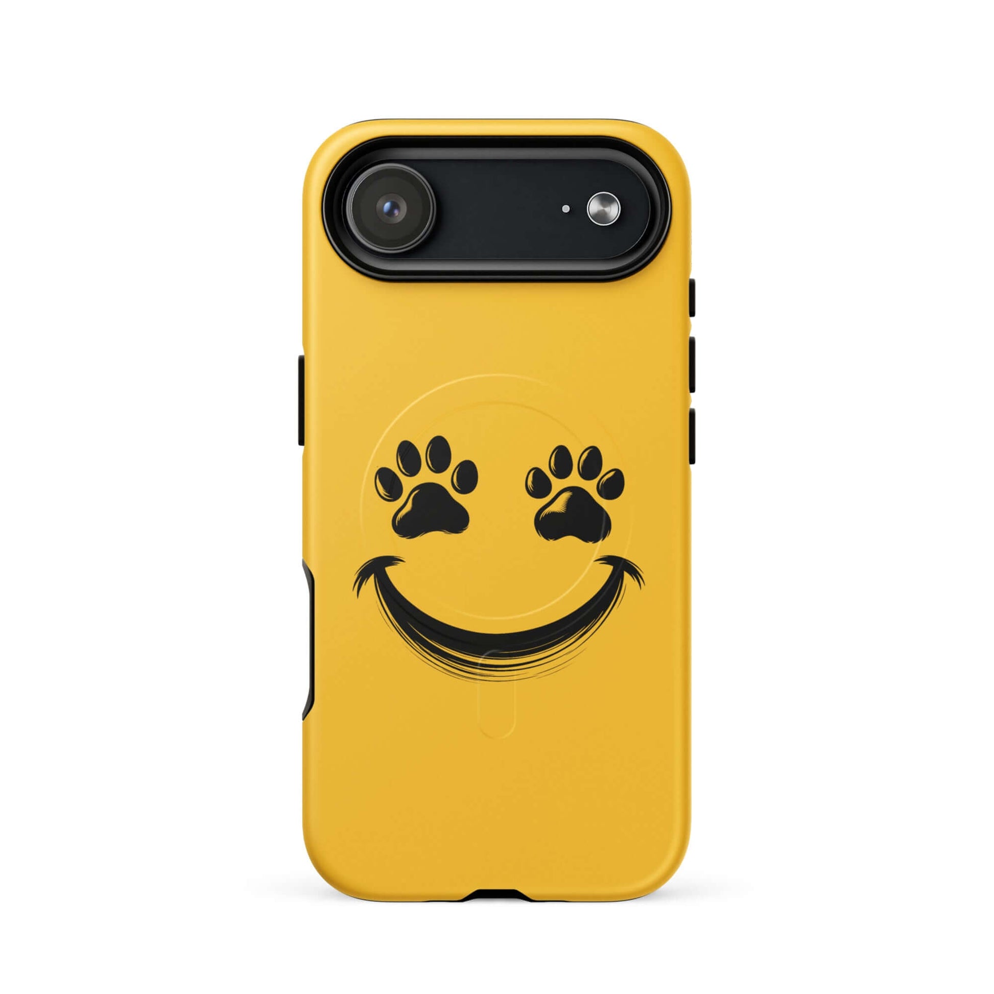 Magnetic Phone Case with smiley paw print design for pet lovers, featuring cheerful yellow color and durable protection for iPhone.