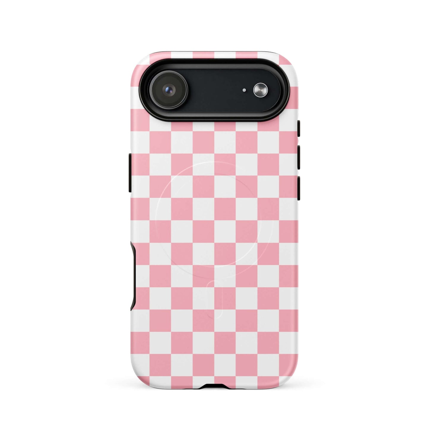 Magnetic Phone Case with playful pink and white checkered pattern for iPhone, stylish accessory for modern tech lovers.
