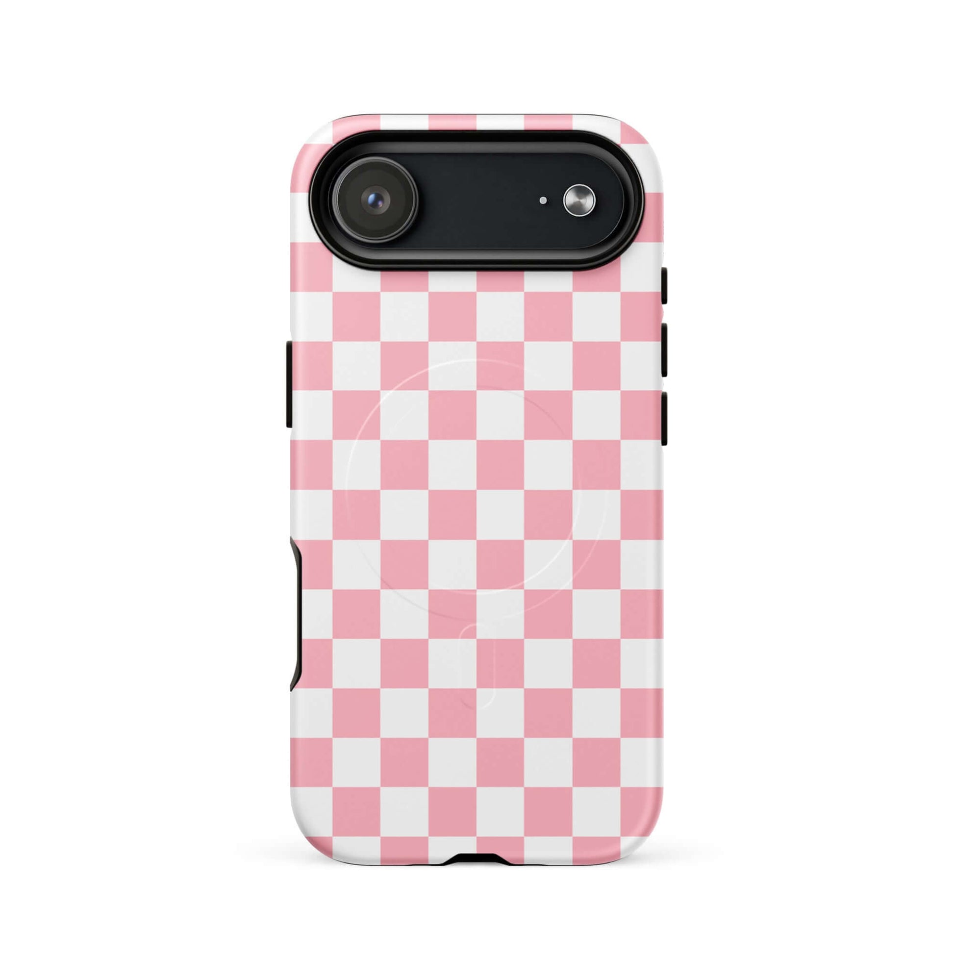 Magnetic Phone Case with playful pink and white checkered pattern for iPhone, stylish accessory for modern tech lovers.