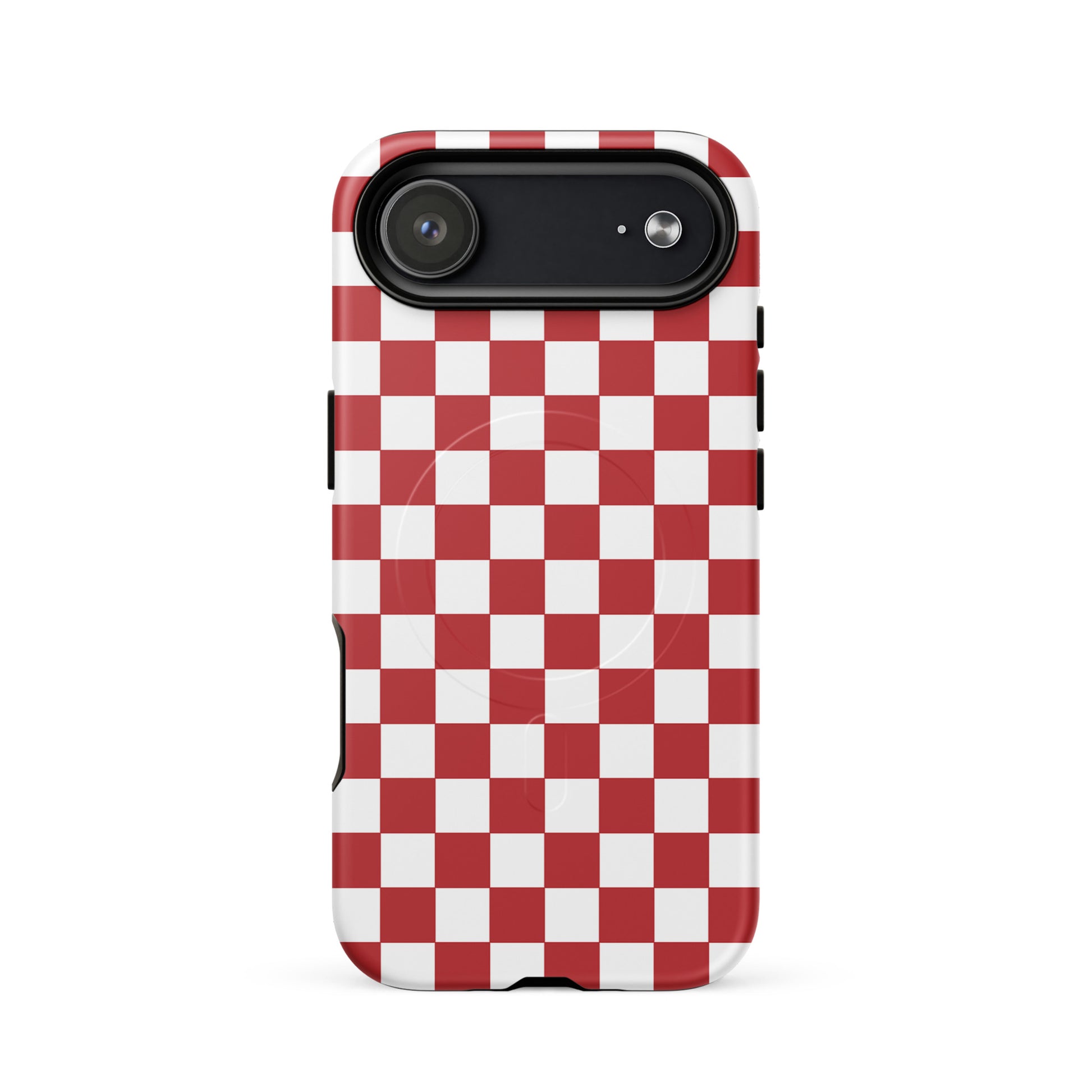 Magnetic Phone Case with crimson red checkered design for iPhone, stylish bold pattern perfect for selfies and texting.