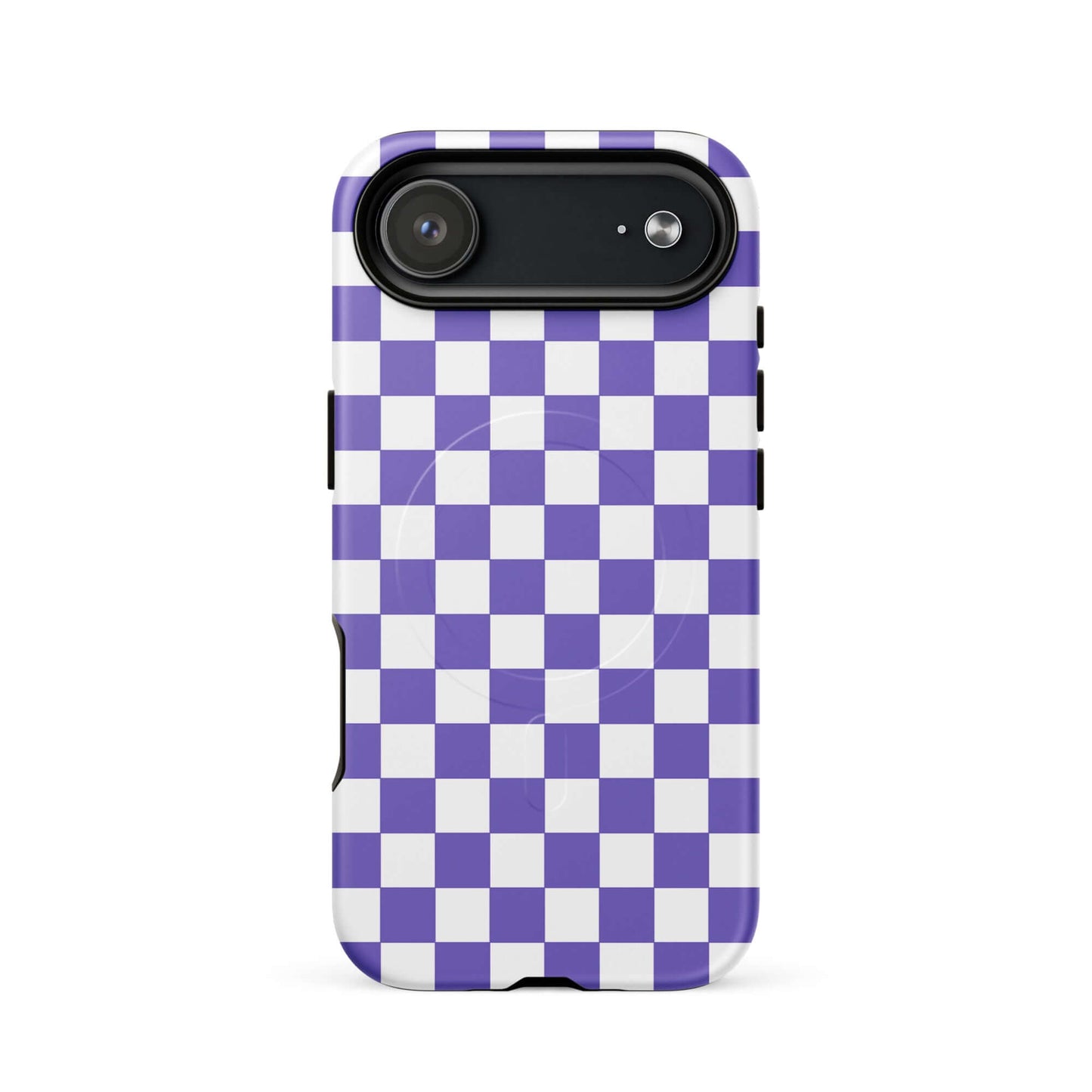 Magnetic Phone Case for iPhone with purple and white checkered pattern, adds playful style and bold personality to any device.