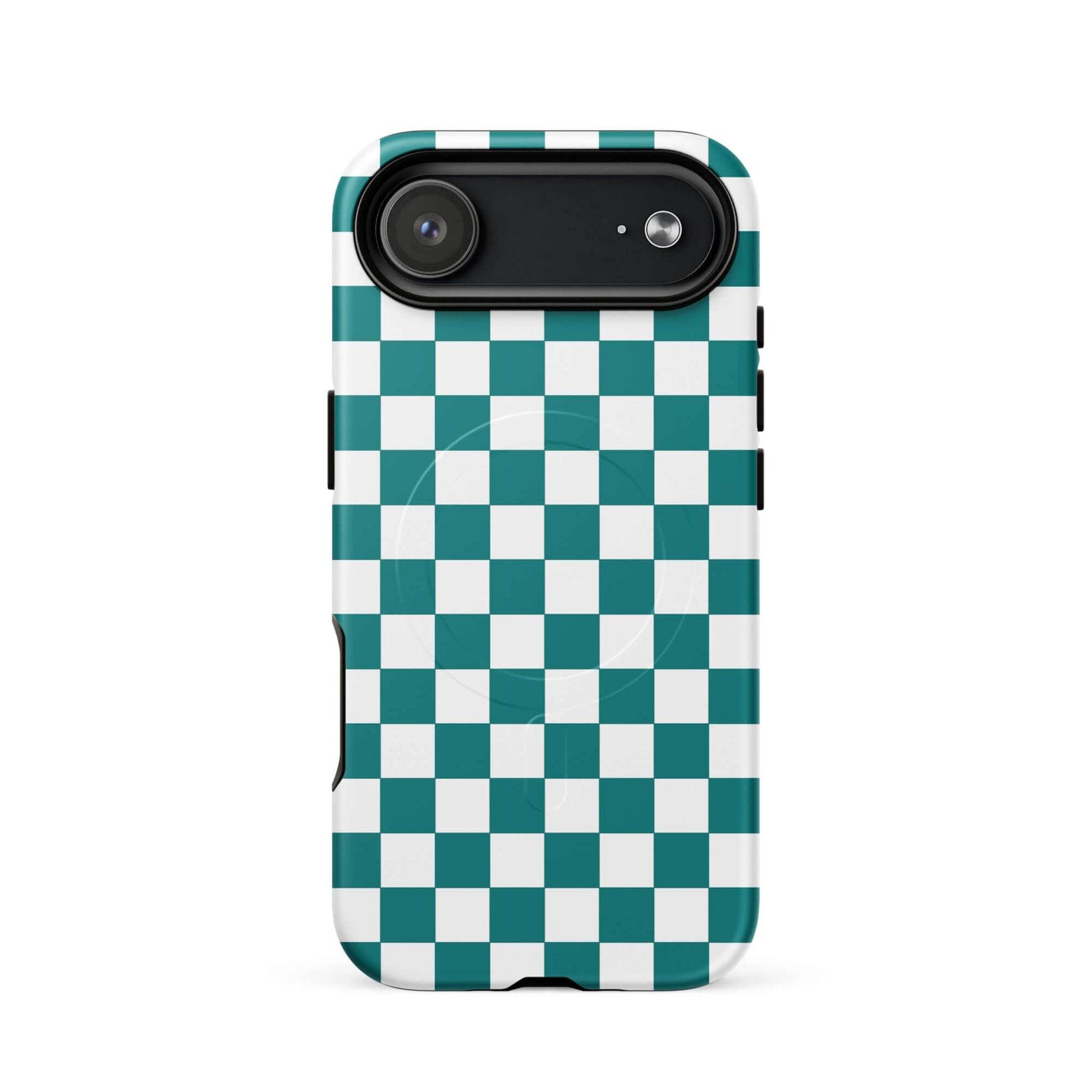 Magnetic Phone Case with teal and white checkered design, adds a playful vibe and personality to your device.