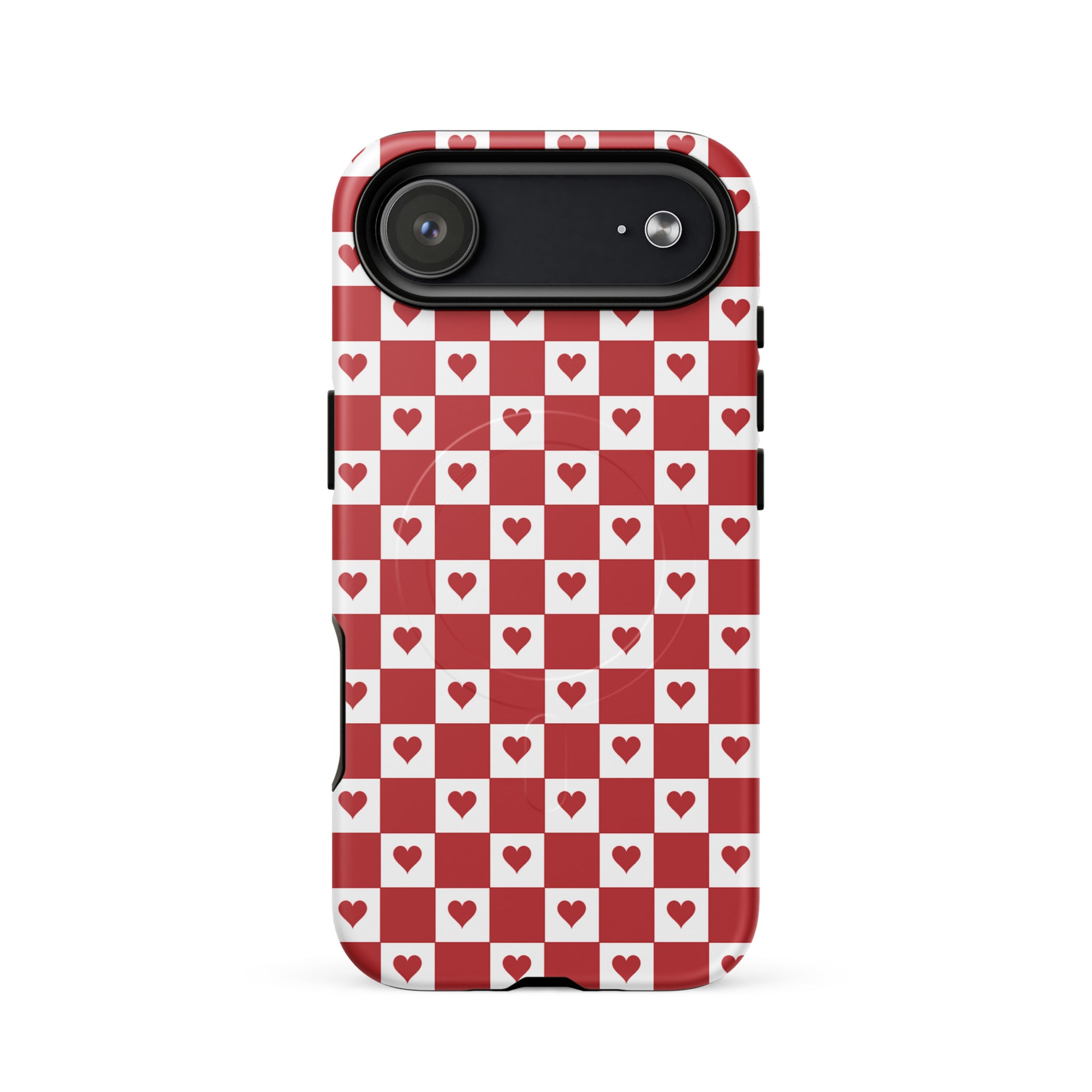 Magnetic Phone Case with cute red heart checkered design for iPhone, featuring charming red and white squares with crimson hearts.