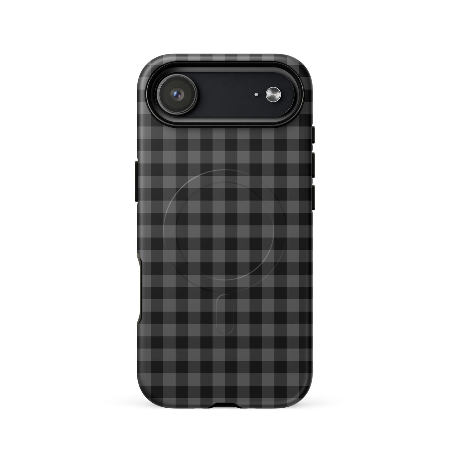 Magnetic Phone Case with black-and-charcoal gingham pattern offers modern style and protection for iPhone users.