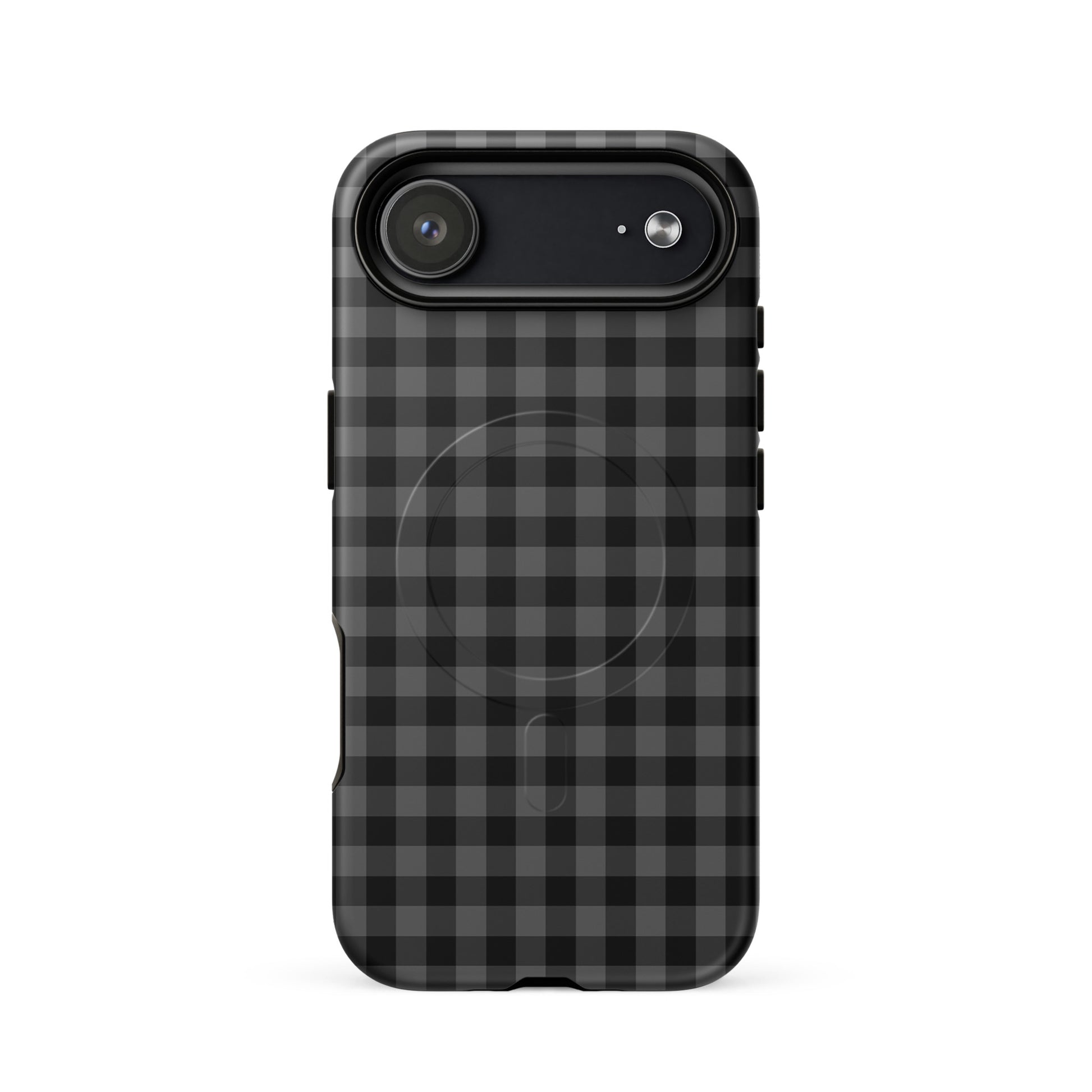 Magnetic Phone Case with black-and-charcoal gingham pattern offers modern style and protection for iPhone users.