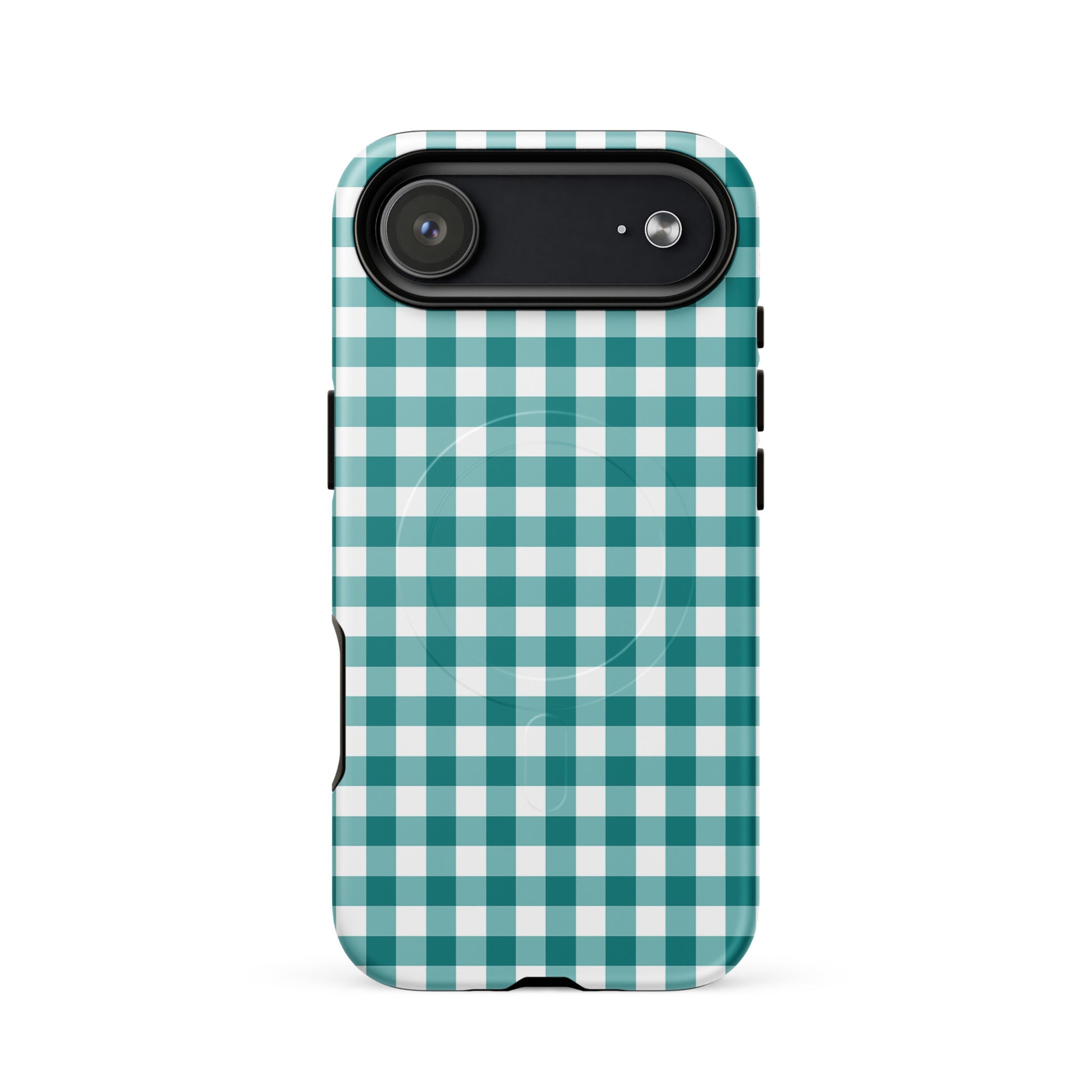 Magnetic Phone Case with teal-and-white gingham pattern stylishly protects iPhone with chic design and luxury durability