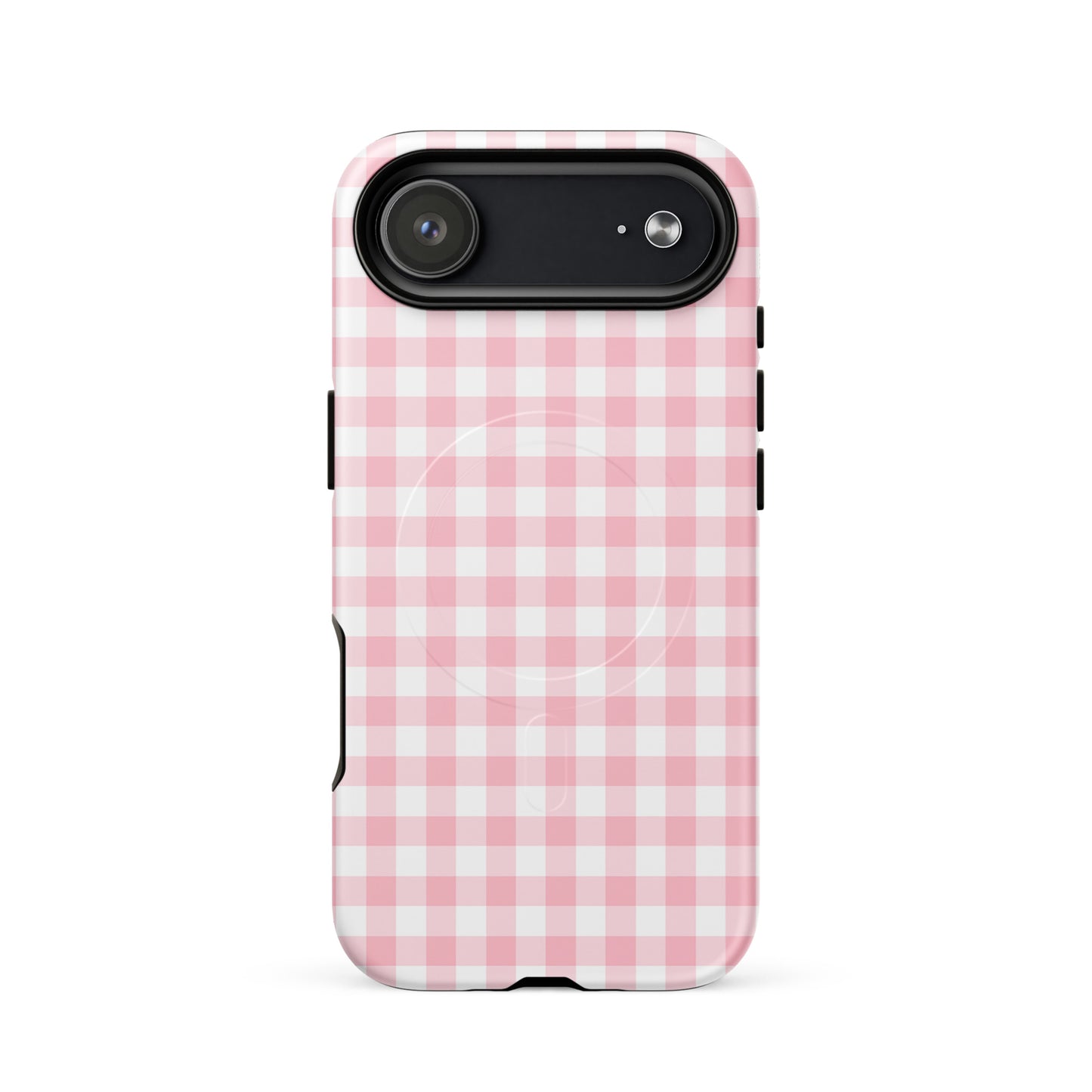 Magnetic Phone Case with pink and white gingham pattern for iPhone, providing stylish protection and modern flair.