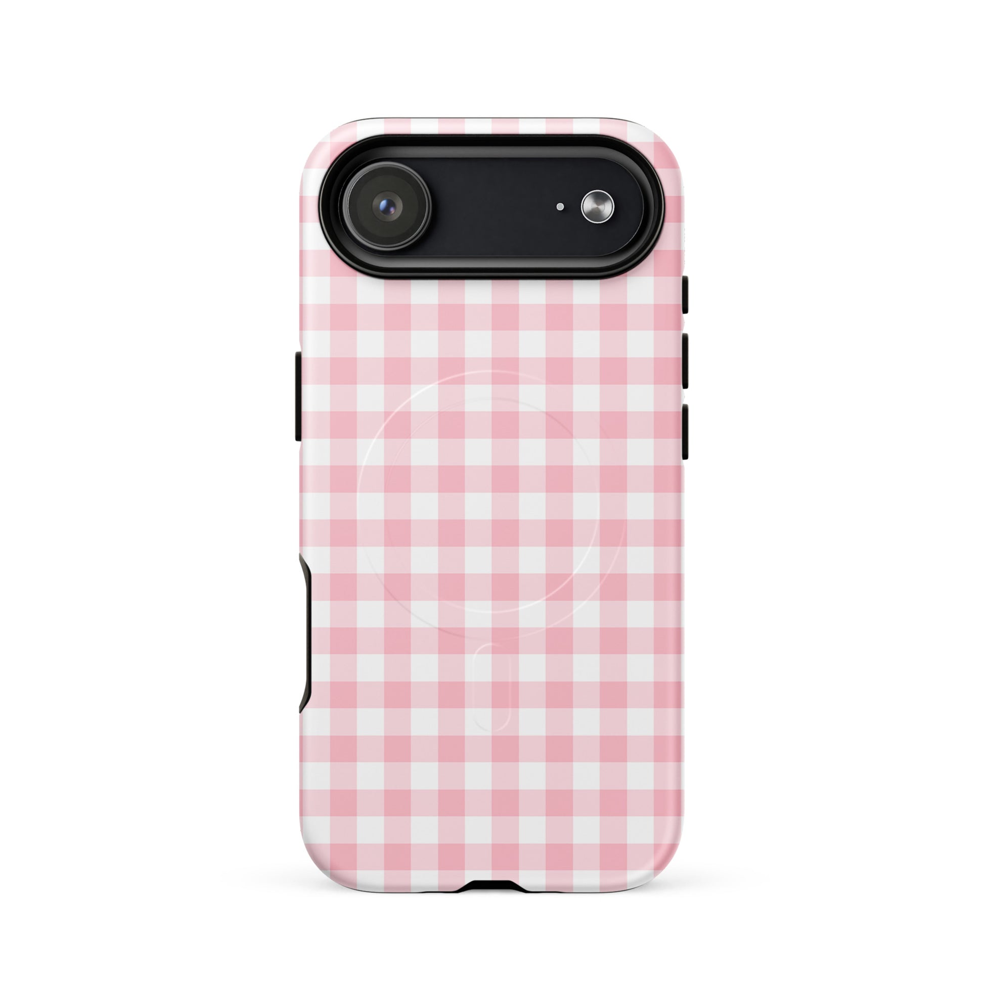 Magnetic Phone Case with pink and white gingham pattern for iPhone, providing stylish protection and modern flair.