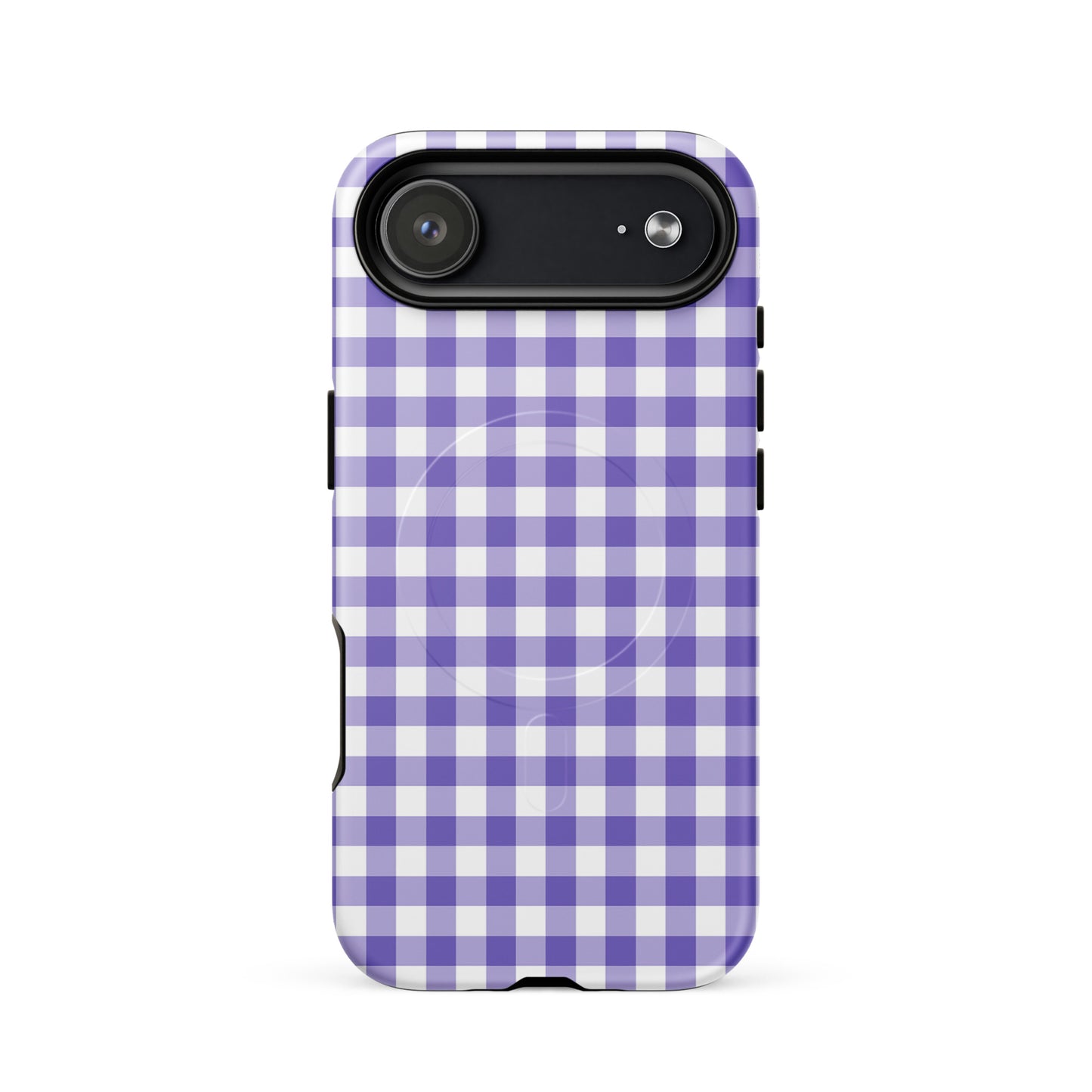 Magnetic Phone Case in purple-and-white gingham pattern for iPhone, blending style and protection.