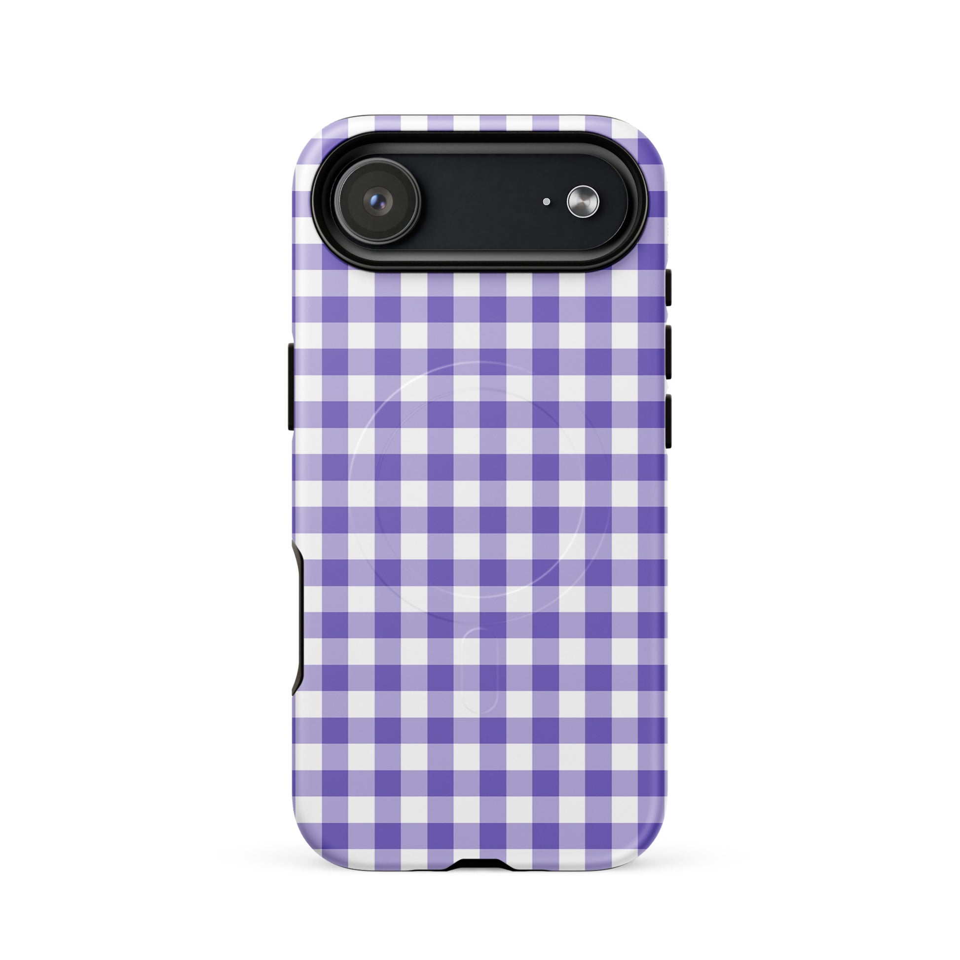 Magnetic Phone Case in purple-and-white gingham pattern for iPhone, blending style and protection.