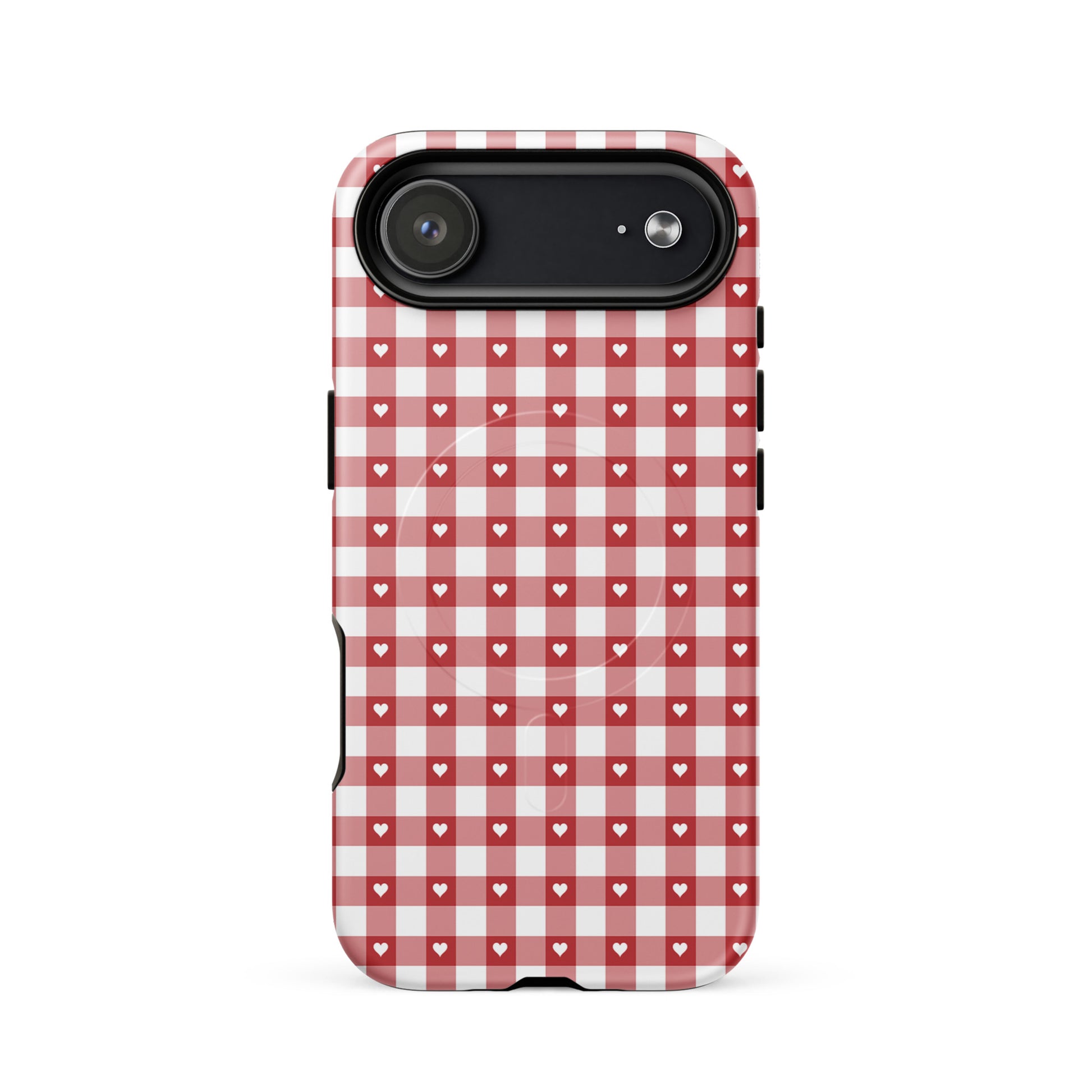 Magnetic Phone Case with red-and-white gingham pattern and hearts design for iPhone, combining style and protection.