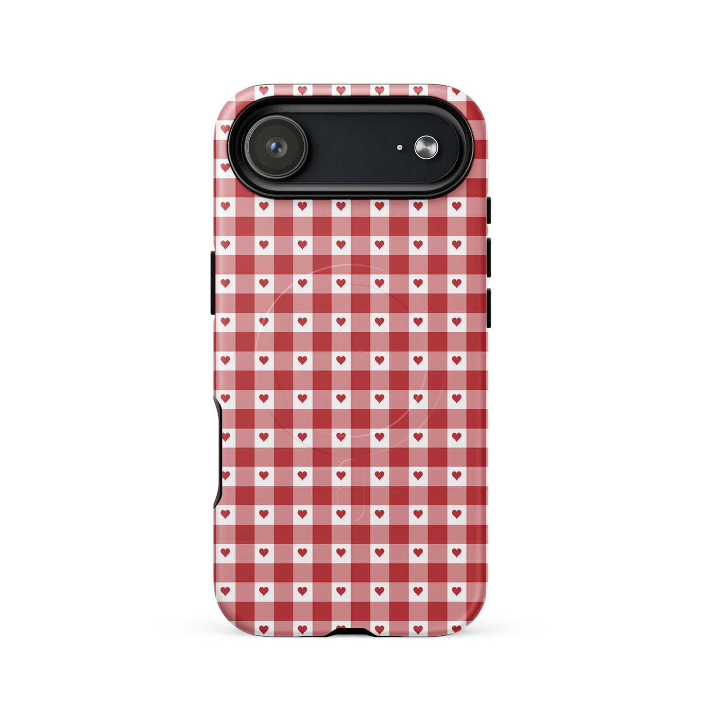 Magnetic Phone Case with red-and-white gingham heart pattern for iPhone, stylish and durable design for chic accessory lovers.