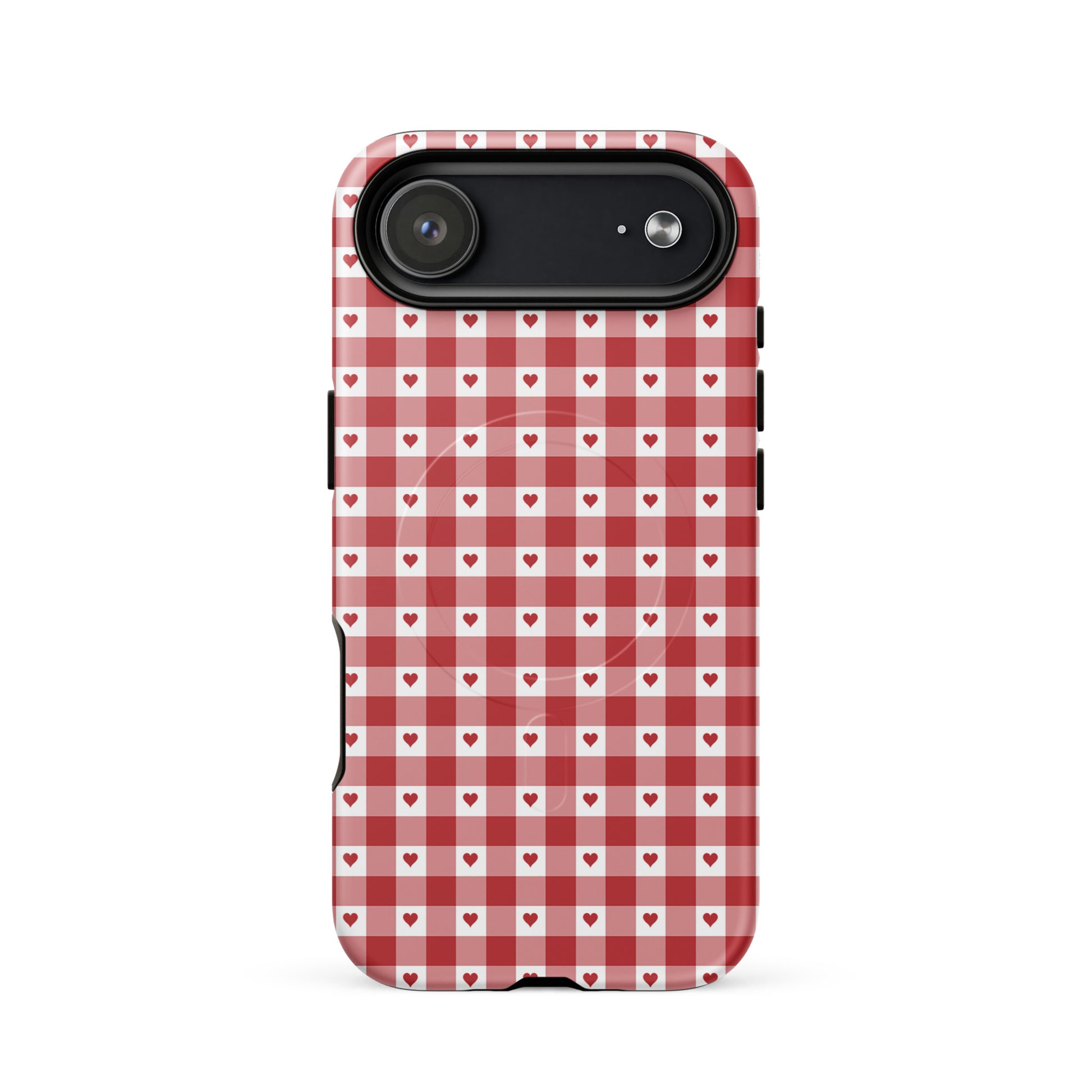 Magnetic Phone Case with red-and-white gingham heart pattern for iPhone, stylish and durable design for chic accessory lovers.
