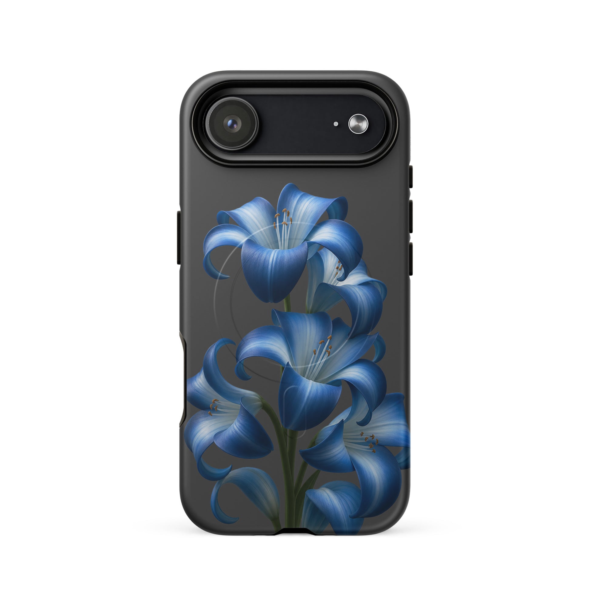 Magnetic Phone Case with Blue Lily Bloom Art for iPhone, stylish and protective with floral design on a dark background.