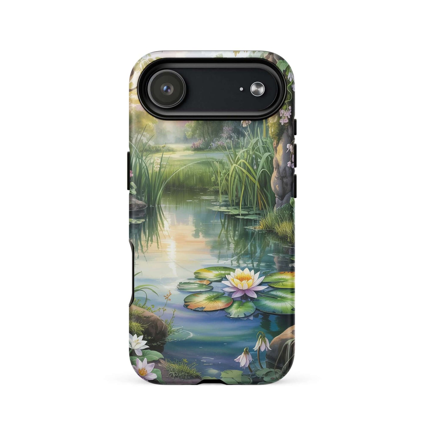 Magnetic Phone Case with enchanted pond design, featuring water lilies and lush greenery in warm sunset light.