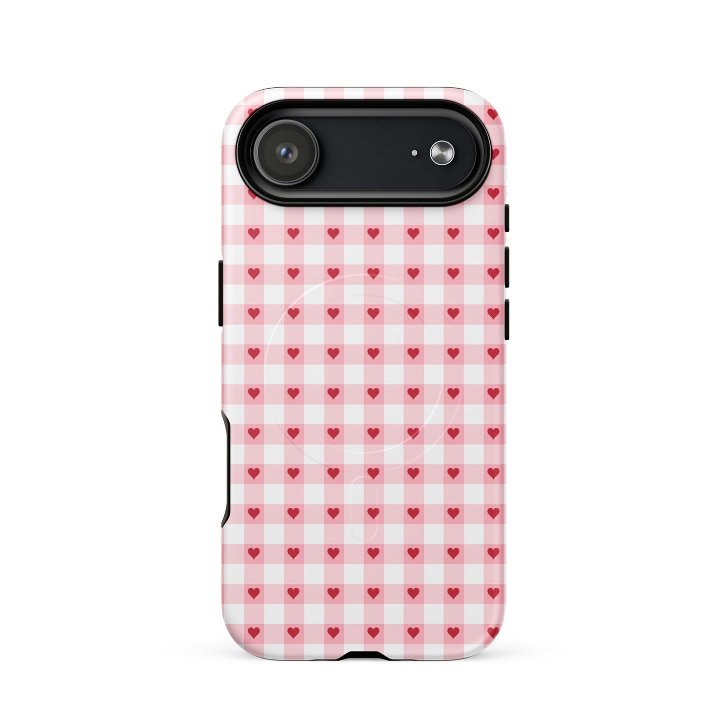 Magnetic Phone Case with pink-and-white gingham heart pattern for iPhone, adding chic style and durability to your device.