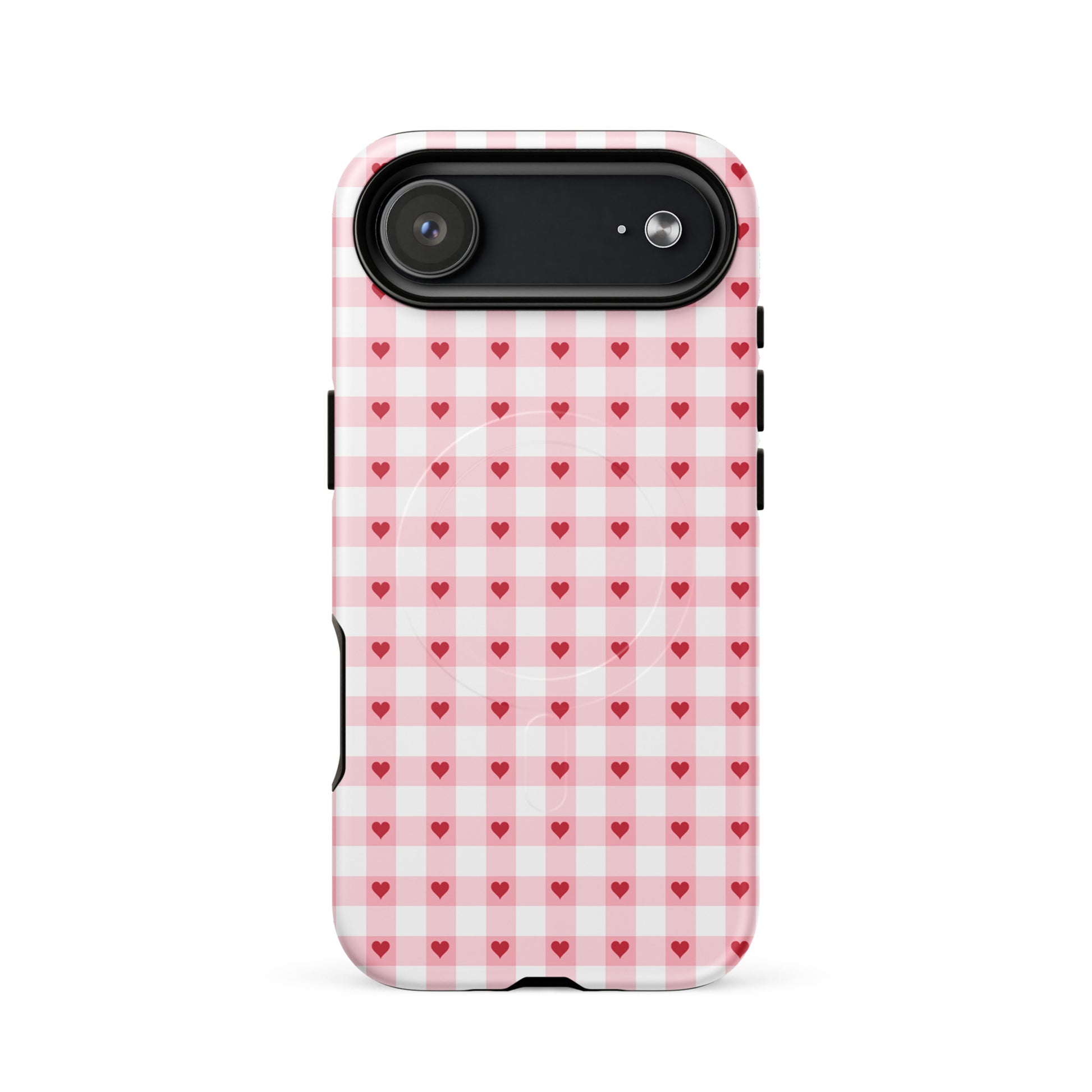 Magnetic Phone Case with pink-and-white gingham heart pattern for iPhone, adding chic style and durability to your device.