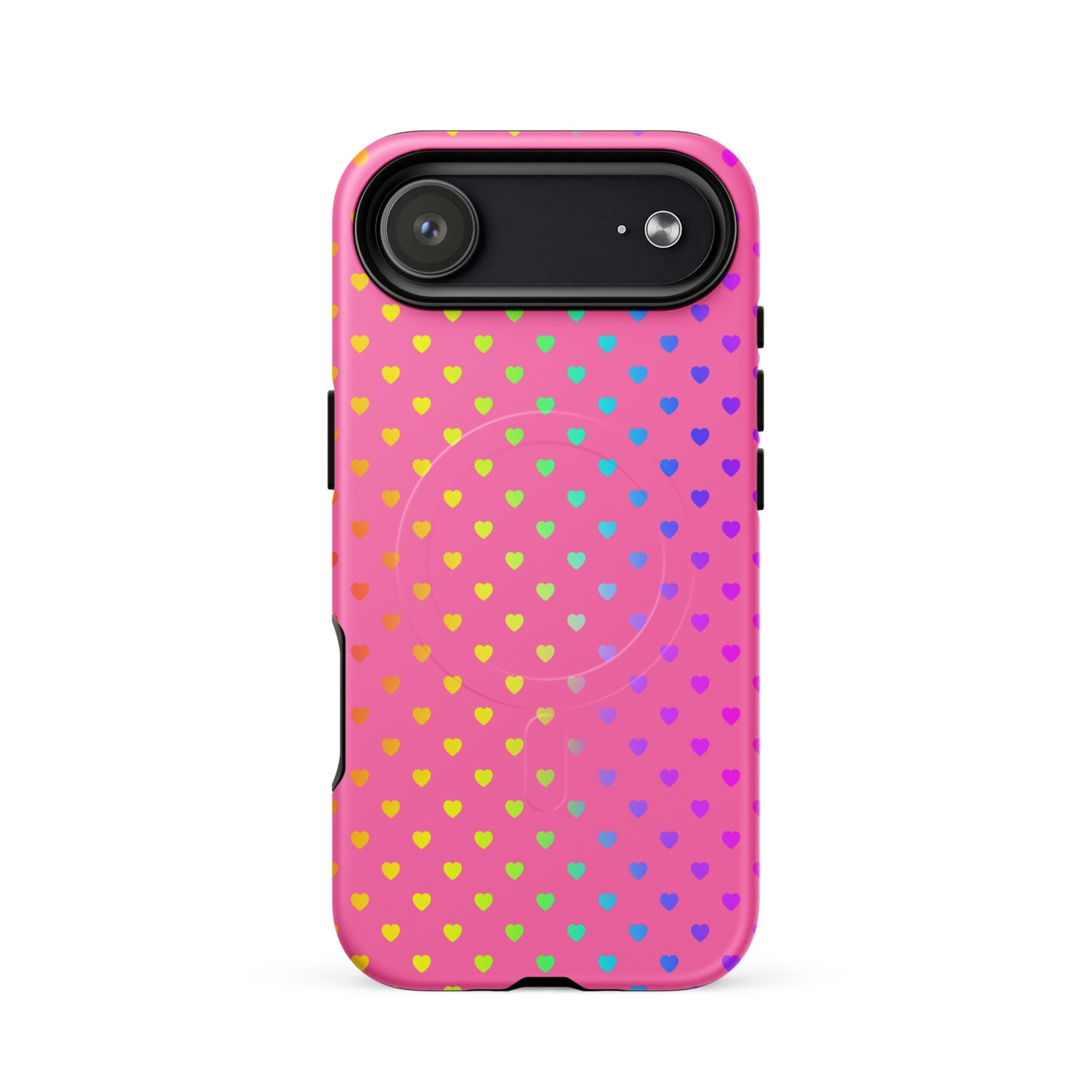 Magnetic Phone Case for iPhone with rainbow heart design on pink background, cute and cheerful style.