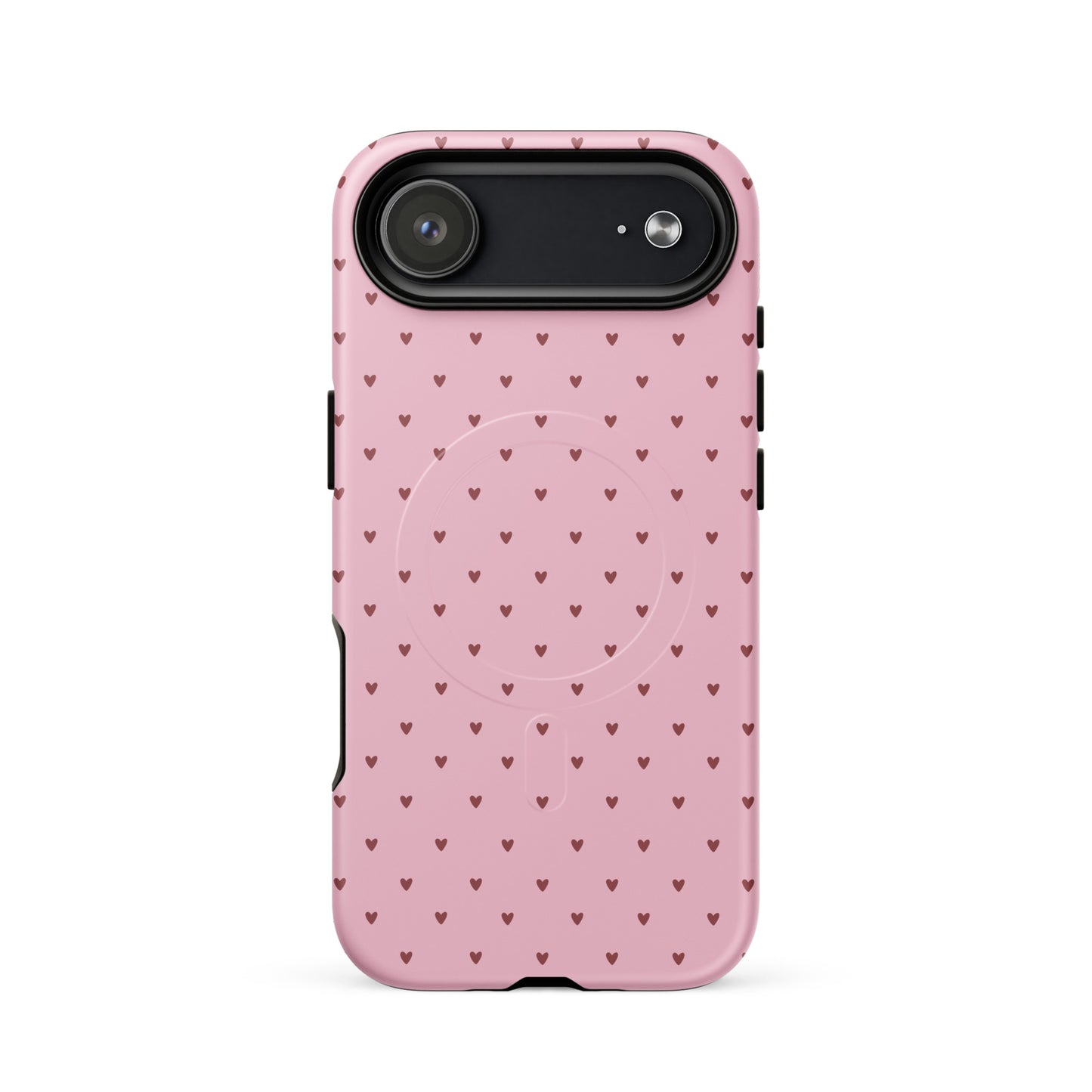 Magnetic Phone Case for iPhone with heart-dot pattern, featuring tiny hearts on a bold pink background, stylish and modern design.
