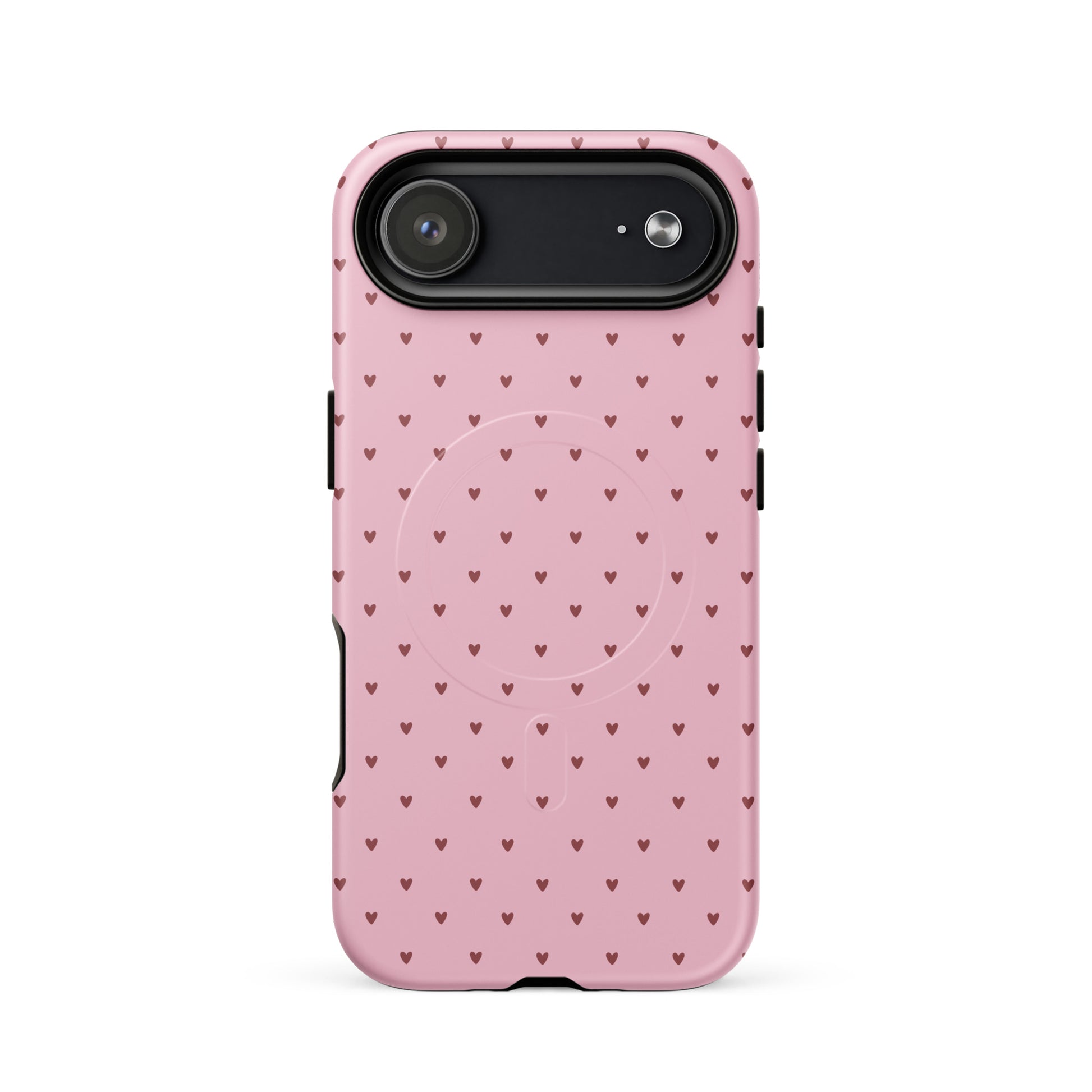 Magnetic Phone Case for iPhone with heart-dot pattern, featuring tiny hearts on a bold pink background, stylish and modern design.