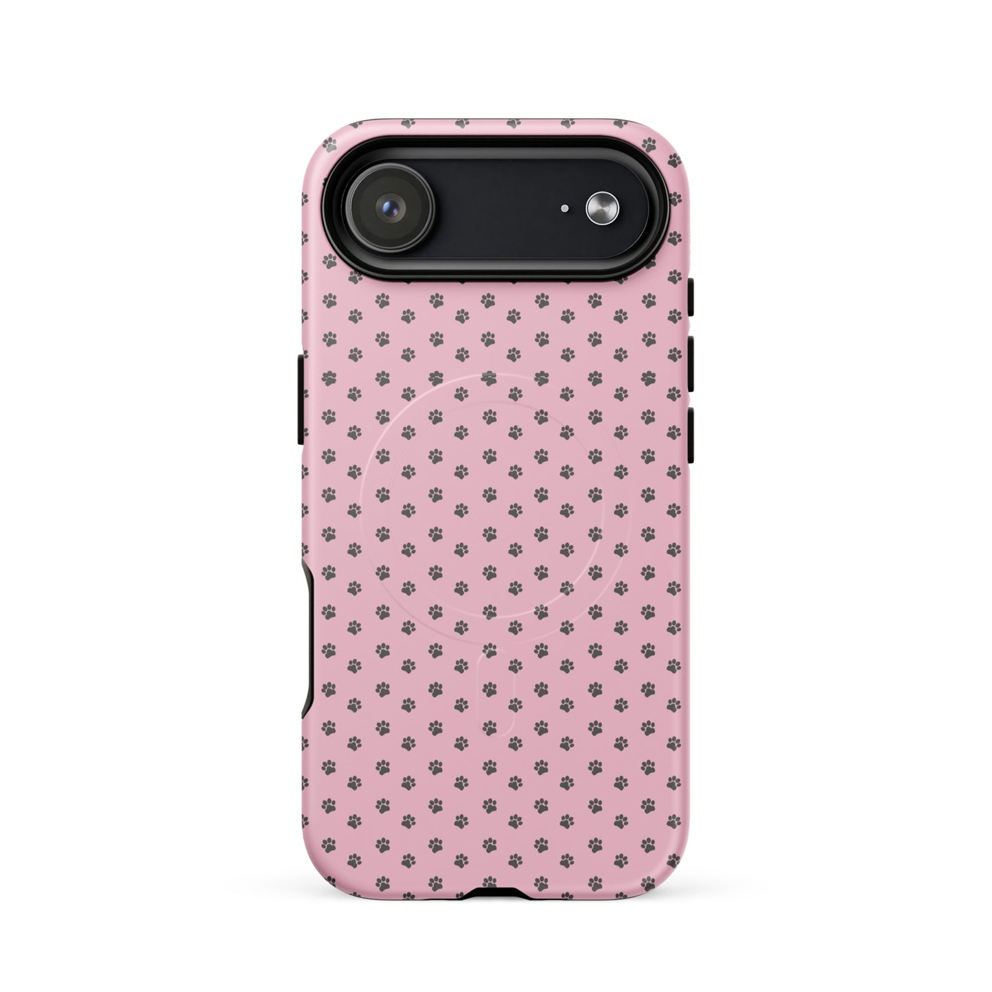 Magnetic Phone Case for iPhone with paw-print design on pink background, offering playful protection and charm.