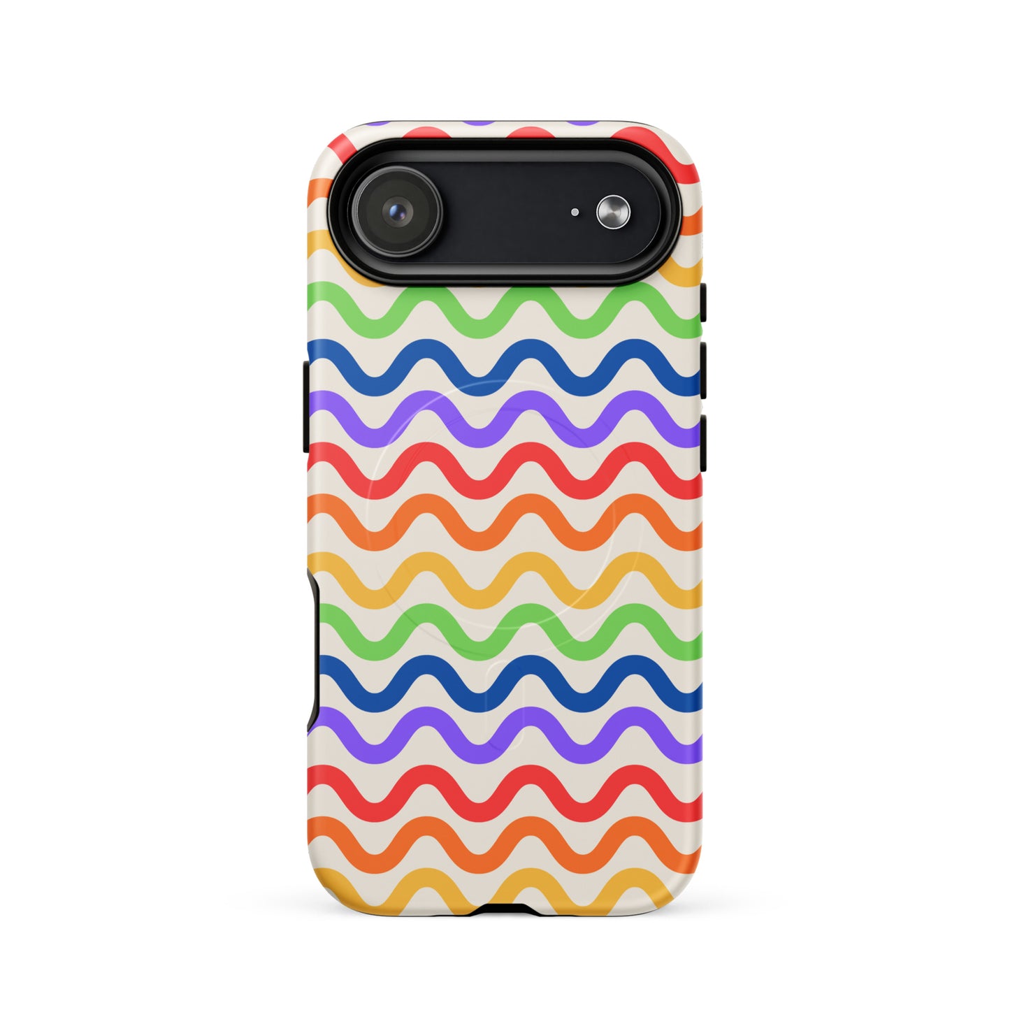 Magnetic Phone Case for iPhone with wavy rainbow pattern, featuring vibrant colors on a white background for stylish protection.