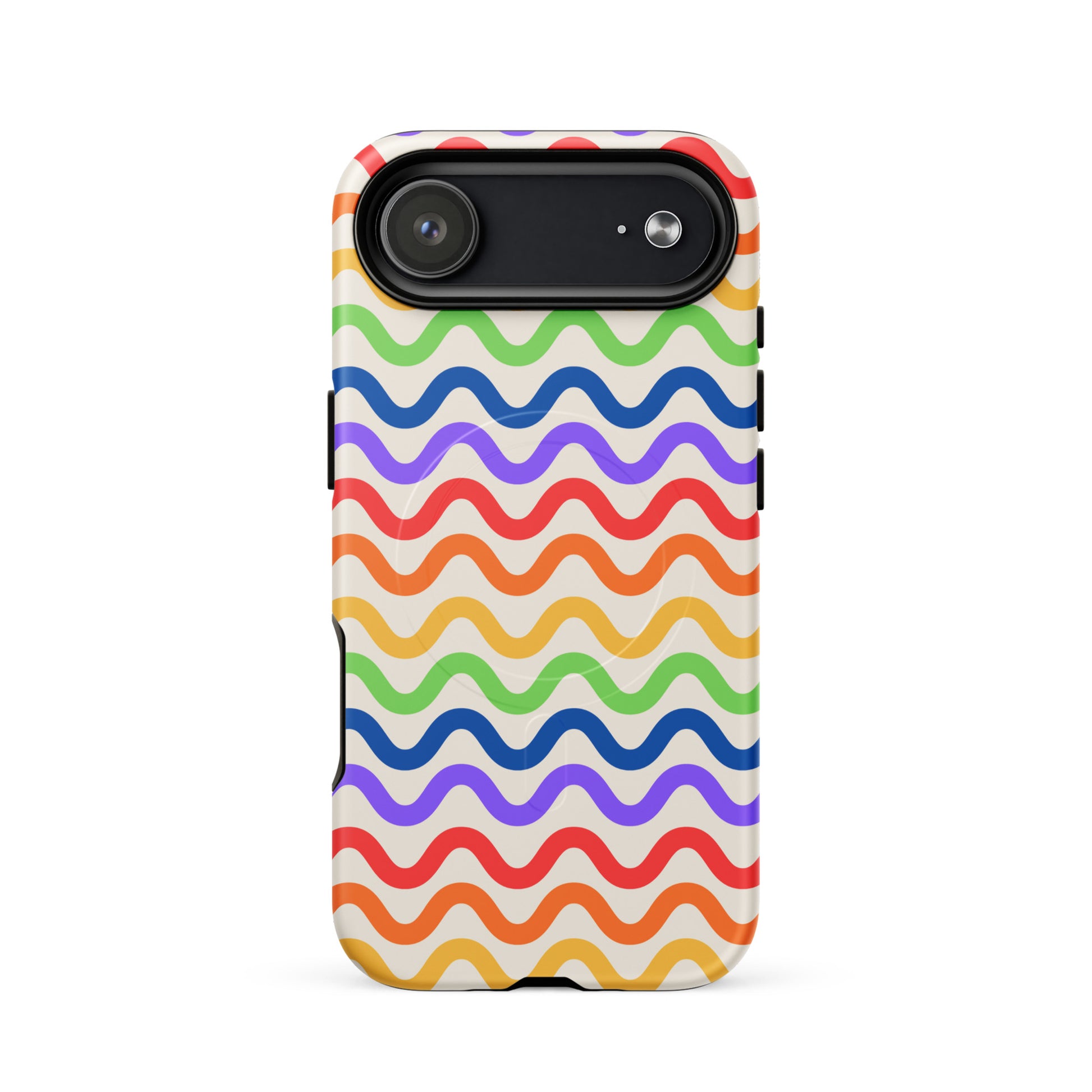 Magnetic Phone Case for iPhone with wavy rainbow pattern, featuring vibrant colors on a white background for stylish protection.