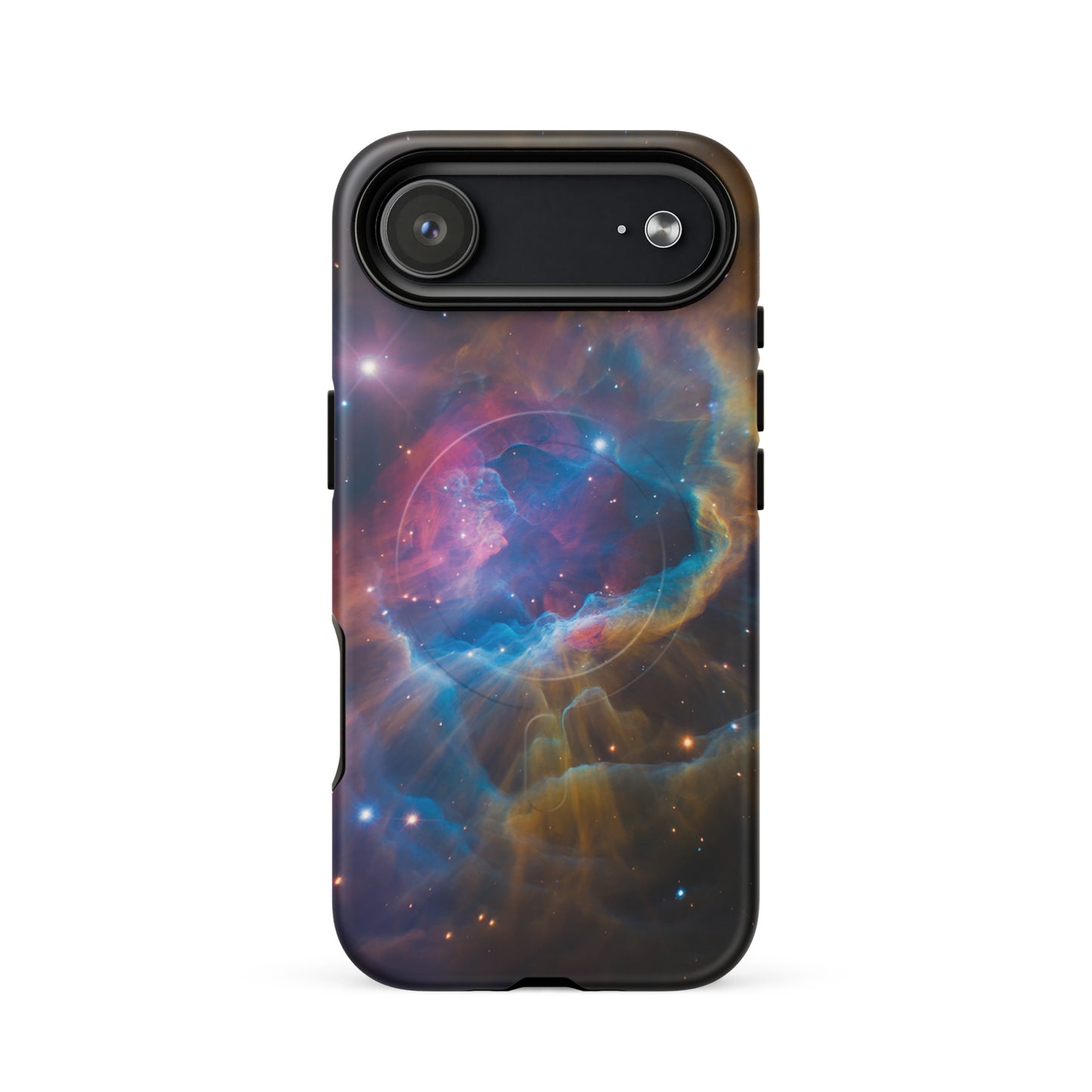Magnetic Phone Case for iPhone featuring nebula design with electric blues and fiery oranges, cosmic starburst pattern.