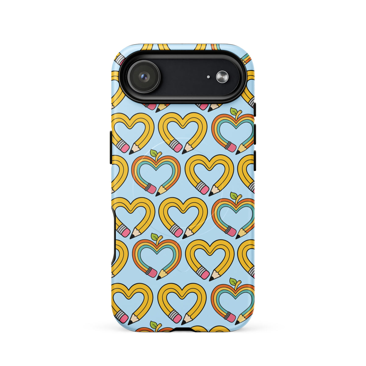Magnetic Phone Case for iPhone with playful pencil-heart pattern and green leaf detail.
