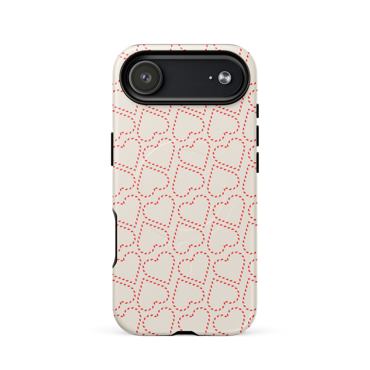 Magnetic Phone Case with candy cane heart pattern for iPhone, festive holiday design.
