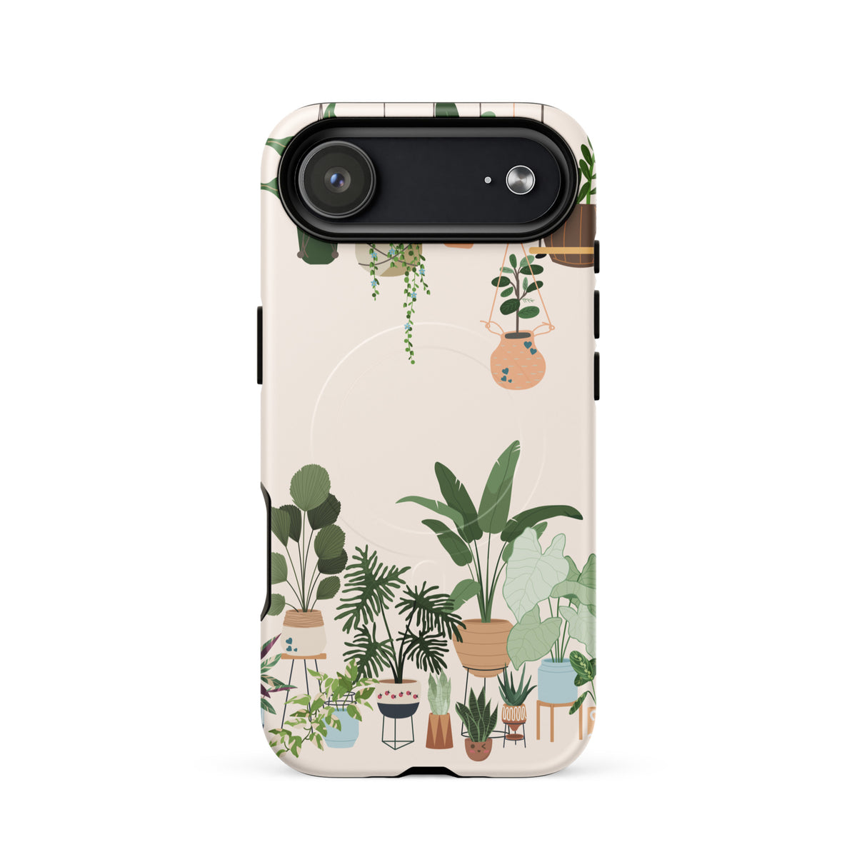 Magnetic Phone Case for iPhone with botanical design, featuring hanging and potted plants. Botanical Bliss series.