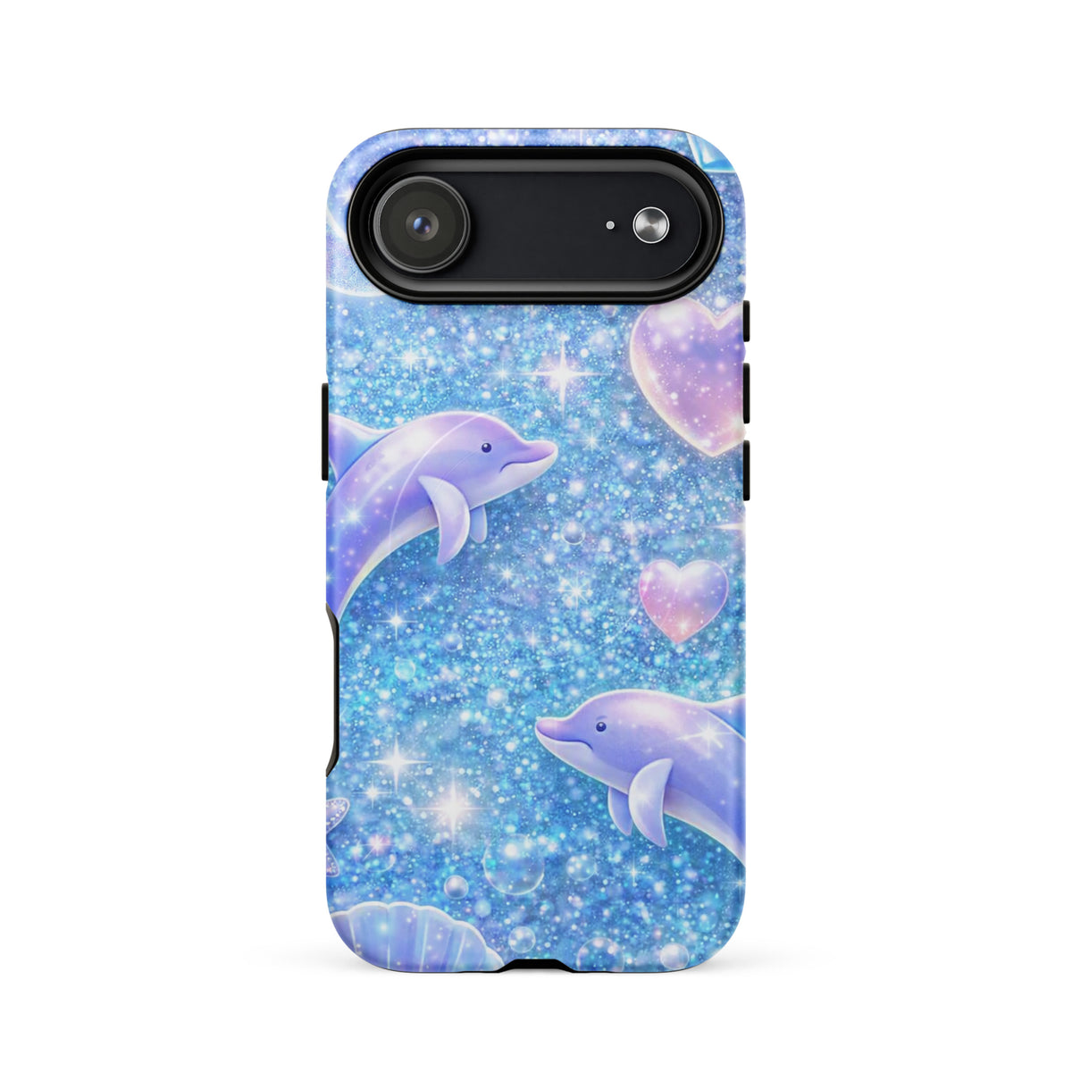 Magnetic Phone Case for iPhone - Ocean Glitter Dolphins design with shimmering liquid glitter, dolphins, moons, and celestial accents.