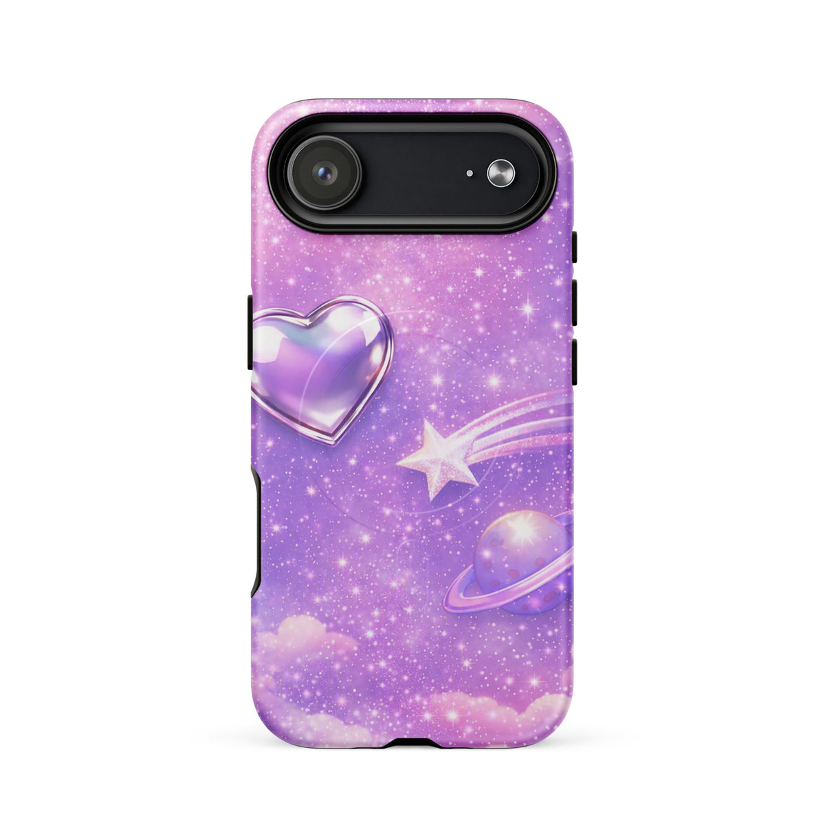 Magnetic Phone Case for iPhone with cosmic heart, shooting star, and planet design on pastel purple background.